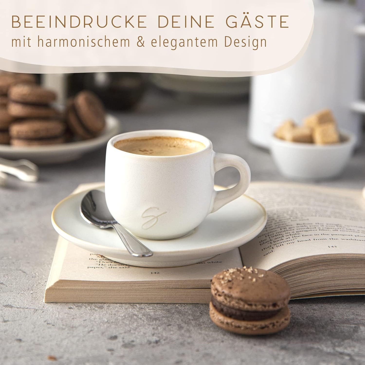 Steinzeit Espressotasse (6x80ml) - Espressotassen Set mit passenden Untertassen -, Espressokaffeetassen aus 100% Handfertigung - stapelbare Mokkatassen