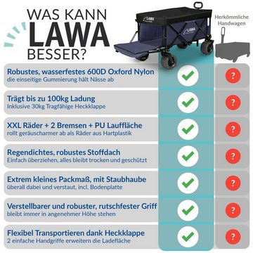 LAWA Living and Lifestyle Bollerwagen faltbar mit Dach klappbarer Handwagen Transportwagen 100kg klein (nur 12,4kg leicht), mit Bremse, Einkaufstrolley mit Heckklappe, sehr kleines Packmaß, Blau