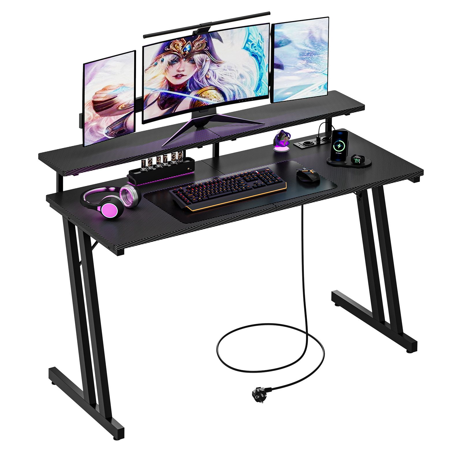 Dripex Schreibtisch Gaming Tisch Z-förmiger Schreibtisch mit Steckdosen 120x48 cm Schwarz, mit Steckdose und USB Ladeanschlüsse