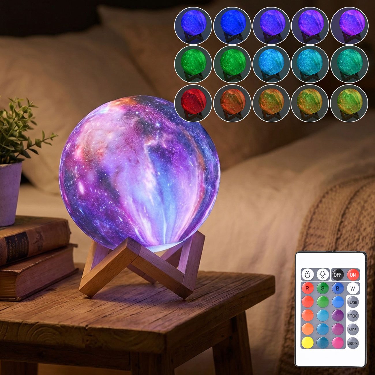 Casativo Nachtlicht 3D Galaxy Mond Lampe 15cm: 16 Farben, dimmbar, Fernbedienung & Holzfuß, Akku Nachtlicht & Deko