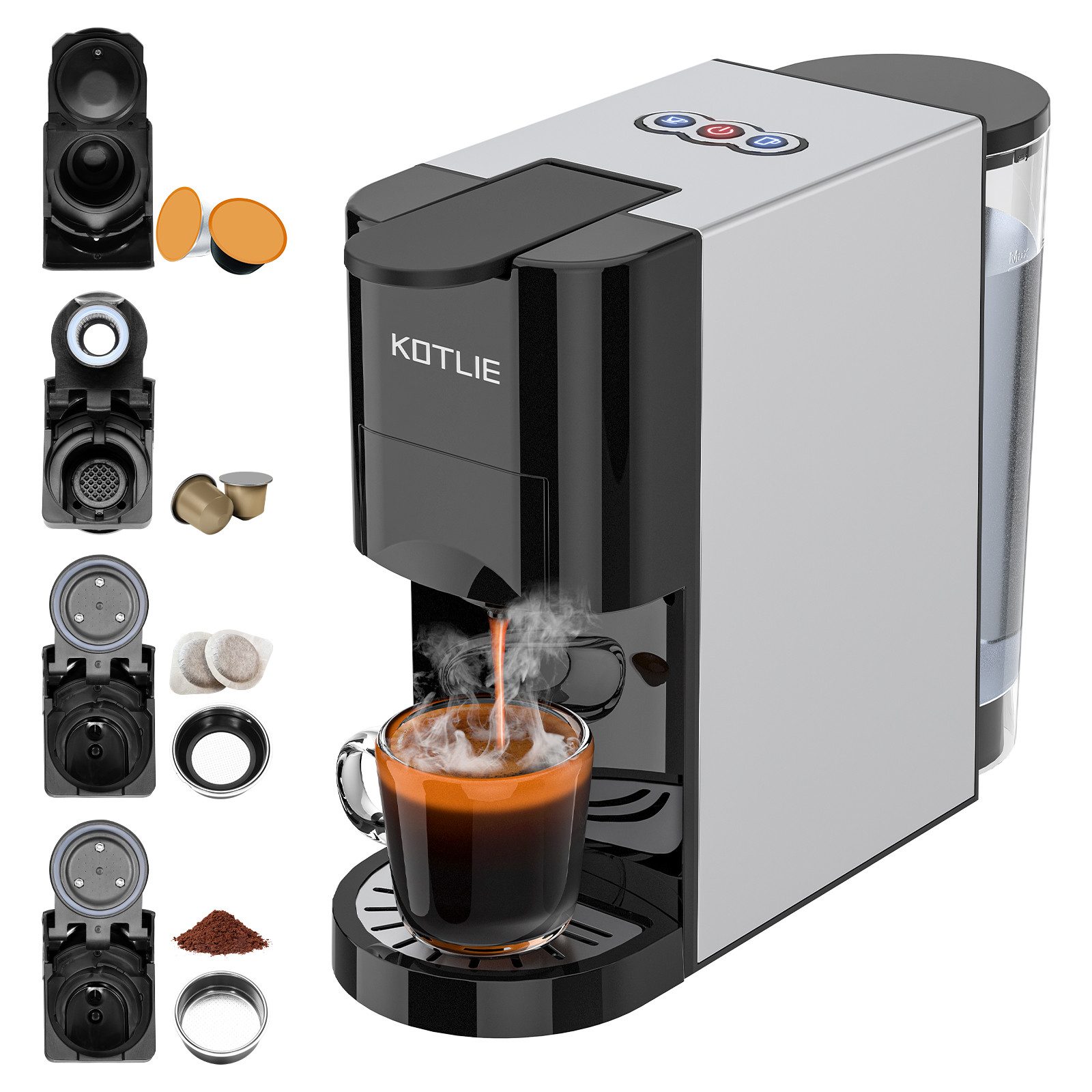 KOTLIE Kapsel-/Kaffeepadmaschine AC-513K, Abnehmbar und austauschbar 4 in 1, Kaffeemaschine für N*spresso Original/D*lce Gusto/Mahlkapseln und ESE