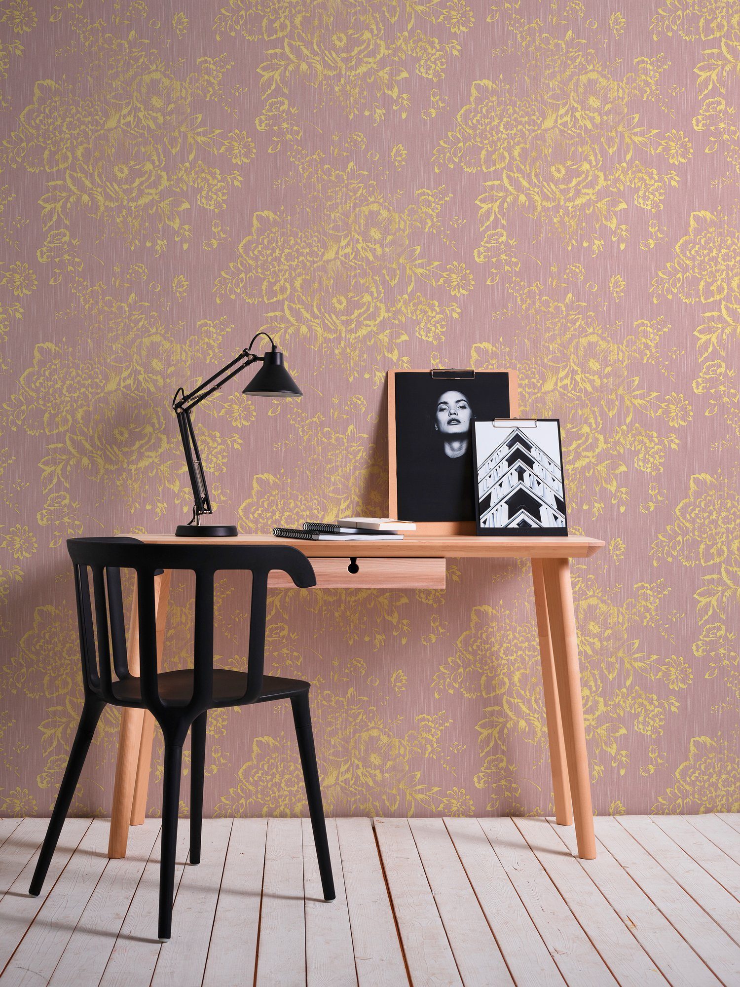 Création Blumen gold/rosa Paper samtig, Textiltapete Barocktapete A.S. matt, glänzend, Tapete Architects Silk, Metallic floral,