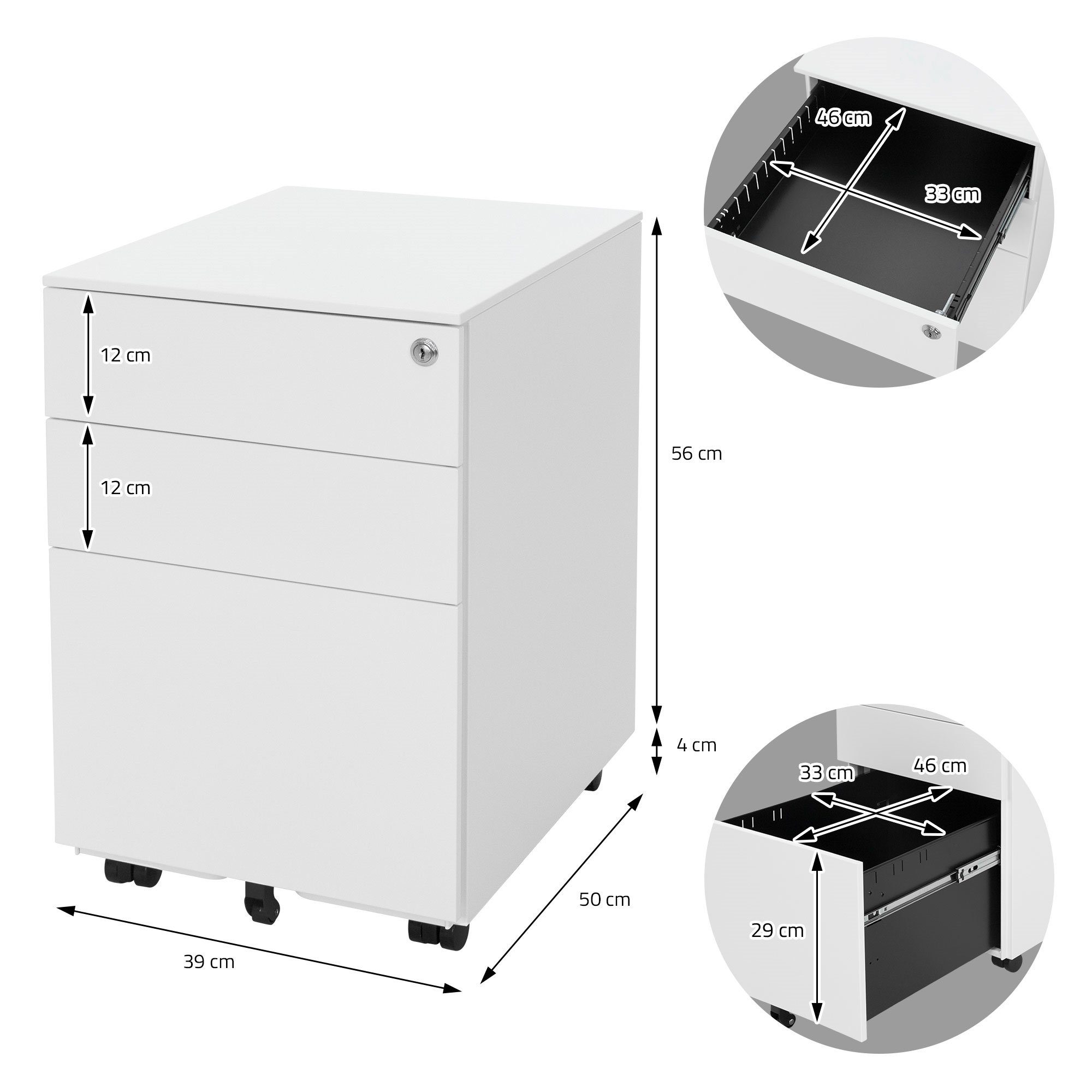 Abschließbar Rollcontainer ML-DESIGN 3 Weiß Büroschrank 39x50x56cm Schubladen Stahl Schubladenschrank, Mobil Bürocontainer Aktenschrank