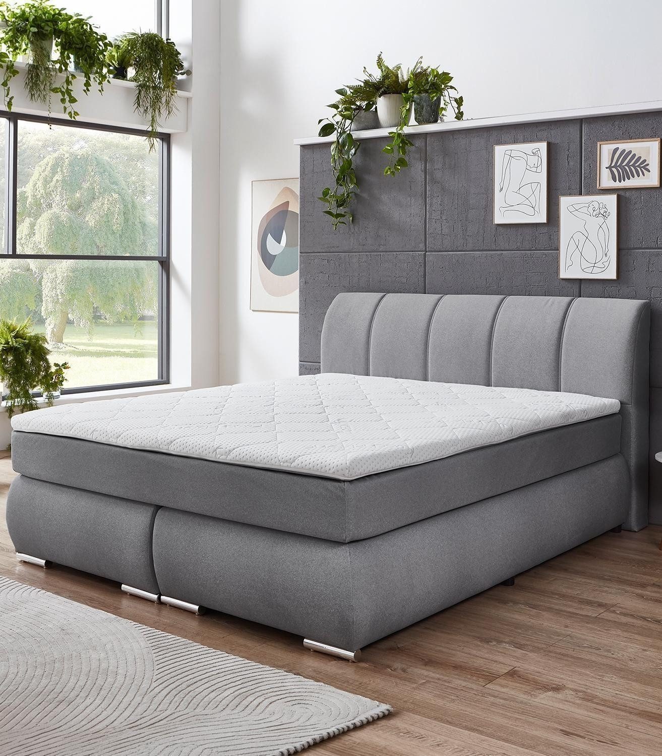 Sun Garden Boxspringbett GRAZ, Hellgrau, Webstoff (1-St), mit Topper, Bonellfederkern, Taschenfederkernmatratze, 180 x 200 cm