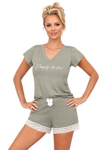 Donna Shorty Schlafanzug kurz unifarben T-Shirt Shorts mit Spitze (Set, 2 tlg., 1 Stück) premium Viskose, Made in Europa