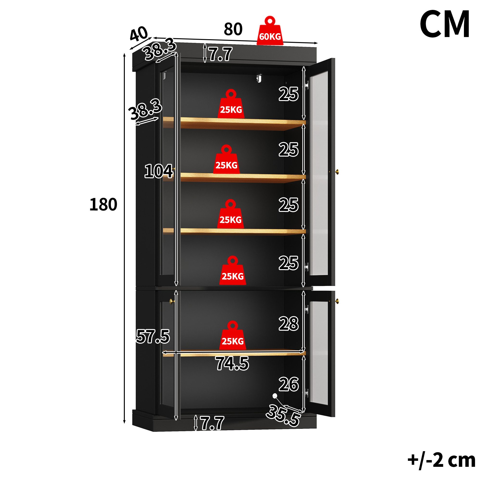 Celya Vitrine Moderner Standhochschrank mit integrierter LED-Stimmungsbeleuchtung (Glasvitrine, durchdachter Innenaufteilung und Kippschutz) stabil, sicher und vielseitig für Zuhause