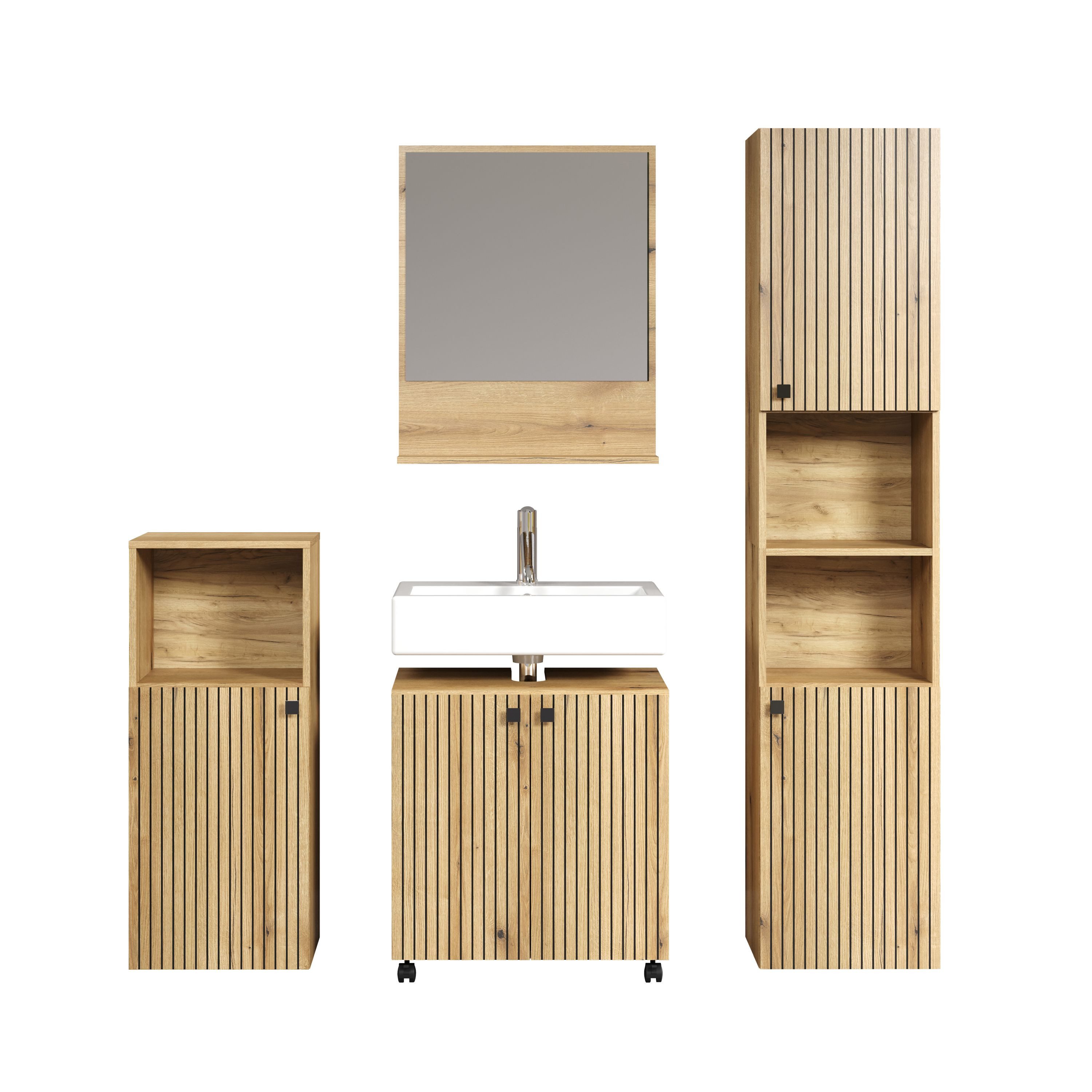 trendteam Badmöbel-Set, 4-tlg. Badmöbel-Set in Evoke Eiche & Schwarze Rillen 160x186x42 cm