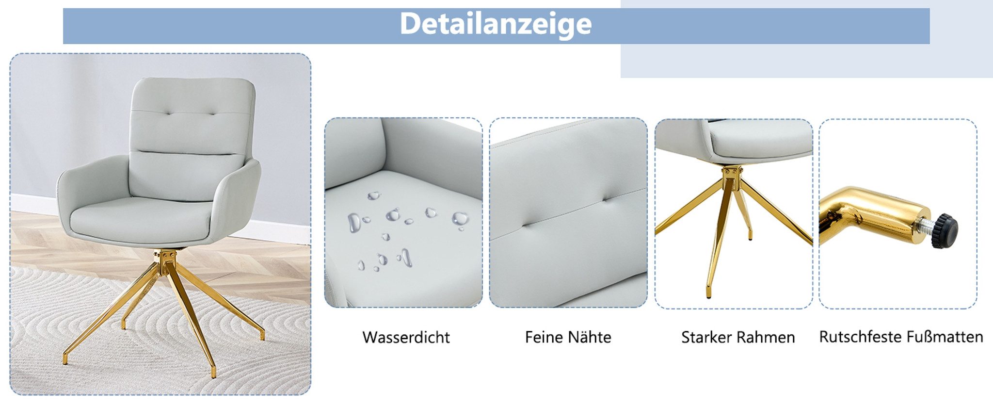 MC Star Drehstuhl [2 Stück Set] Europäischer leichter Luxus-Drehstuhl (Warmgraues PU + goldfarbene Metallbeine, 360° schalldrehend, 2-stückiges Set für Esszimmer / Entspannungsbereiche)