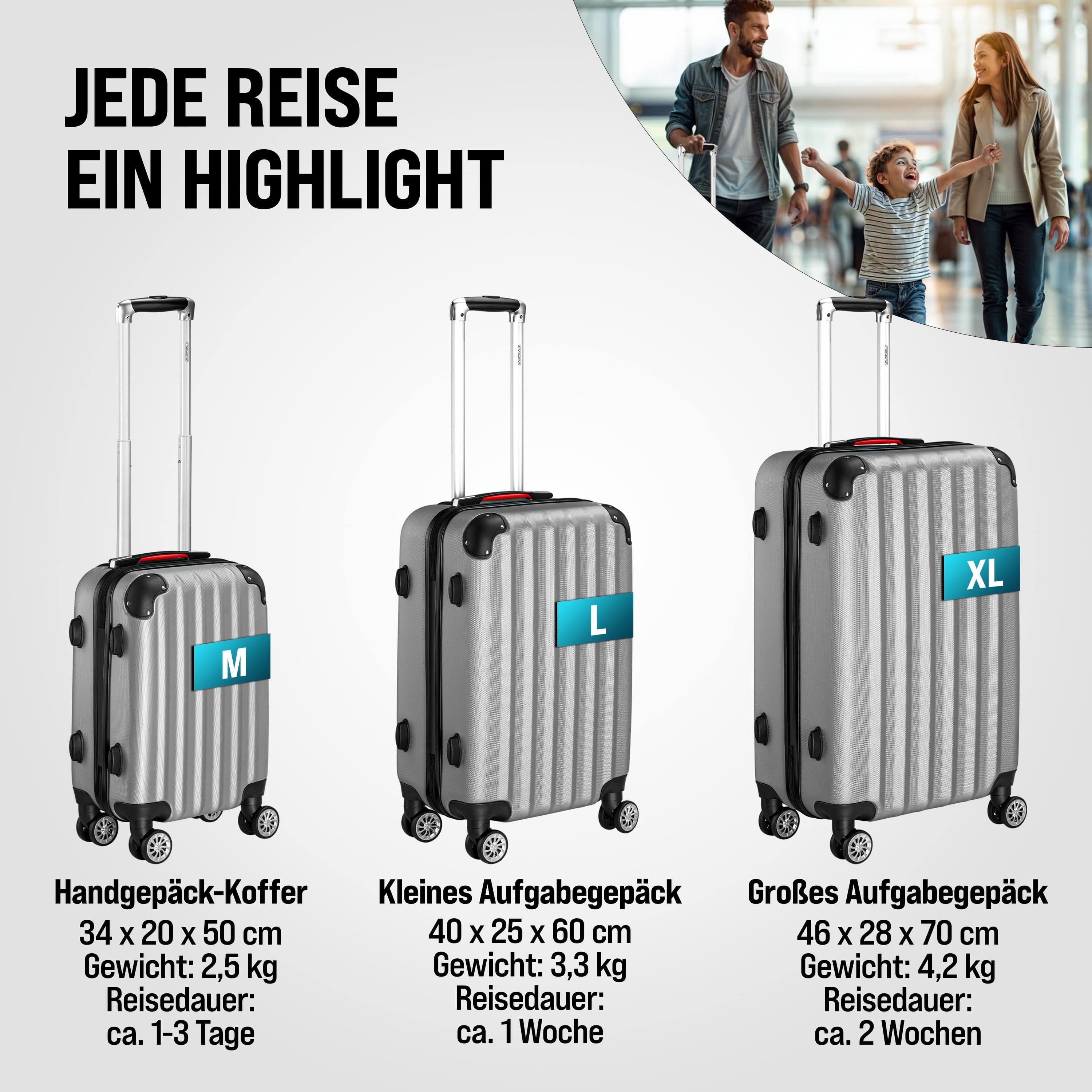 monzana Kofferset, Koffer Zwillingsrollen Zahlenschloss Waage Gurt Reisekoffer silber