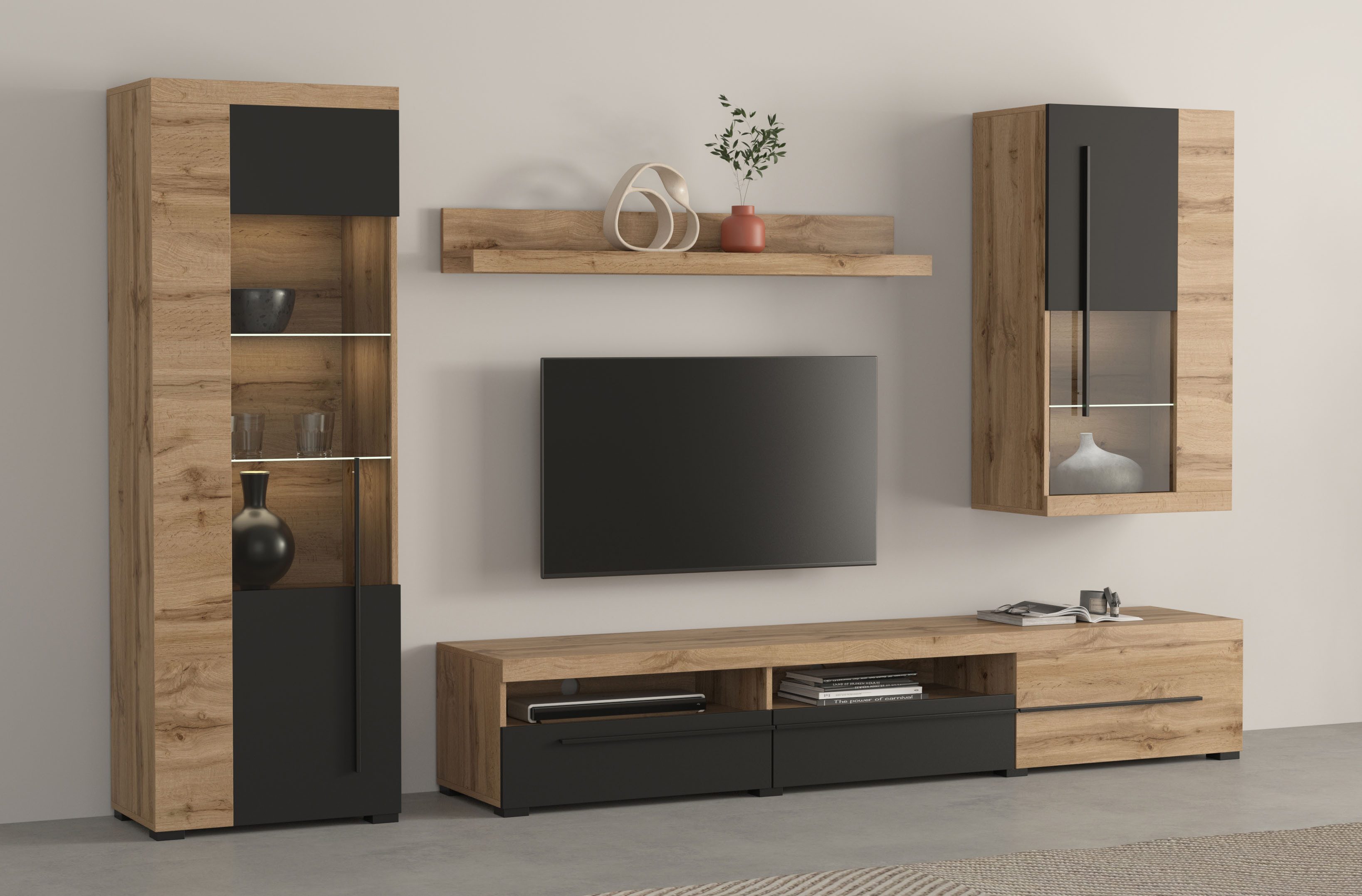 INOSIGN Wohnwand Roger,Breite 255 cm moderne Mediawand ohne Beleuchtung, (Set, 4-St), Anbuwand (Set,4-St) viel Stauraum, Glastüren