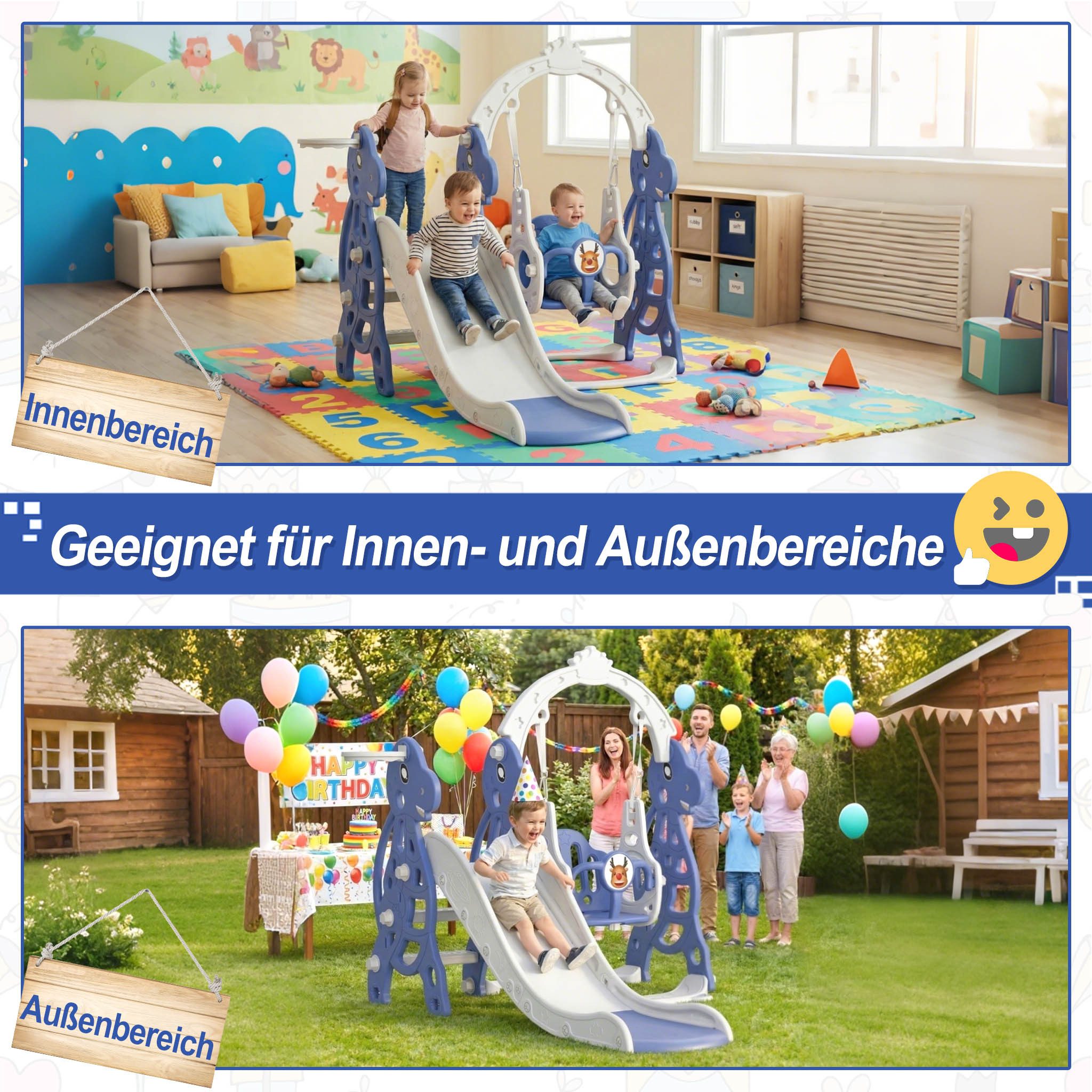 FIVMEN Rutsche Kinder Freistehende Kinderrutsche Spielzeugrutsche Gartenrutsche, Kinder Rutsche inkl. Klettergerüst & Basketballkorb, Blau – Bild 5 von 5