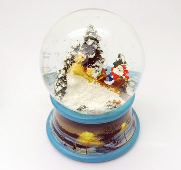 MINIUM-Collection Schneekugel Weihnachtsmann im Rentierschlitten auf Sockel blau Spieluhr 10 cm