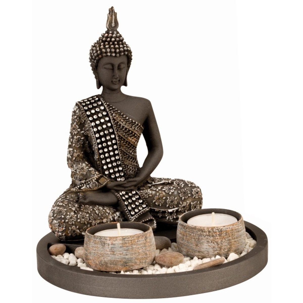 KARMA Buddhafigur Buddha Teelichthalter Schwarz Deko-Figur sitzend Windlicht Teelicht (verschiedene Varianten, Yoga Dekostatue Statue Windlicht), Zen Deko modern Dekobuddah