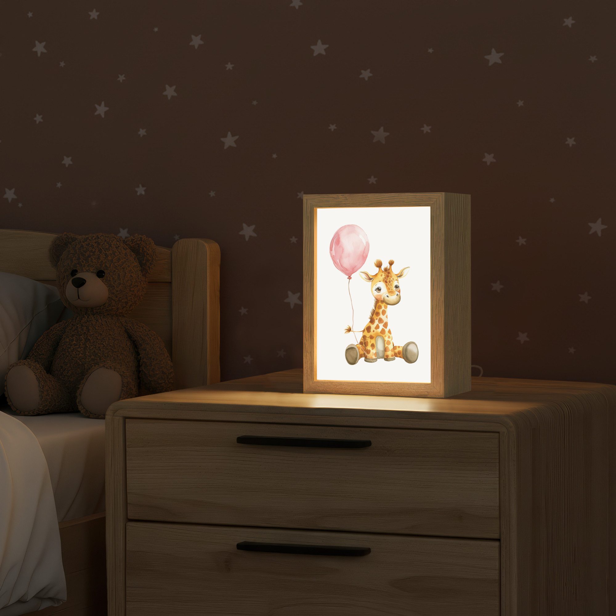 OnlyWow Nachttischlampe Lightbox Giraffe - Baby - Tiere - Rosa Luftballon - Mädchen, Dimmbar, Farbwechsel, LED, Warmweiß, Kaltweiß, Neutralweiß Einstellbar, Kinderzimmer, Babyzimmer, Dimmbar, mit Kabel, Nachtlampe, LED