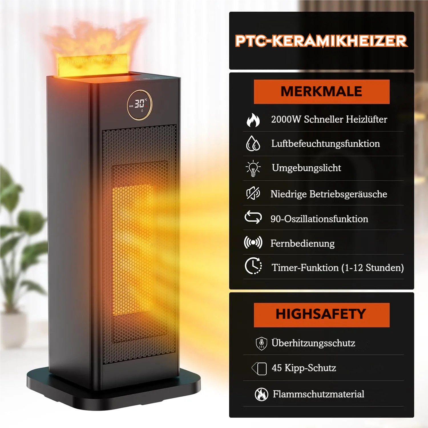 TLGREEN Heizlüfter mit Befeuchtungsfunktion, PTC Leise Heizung,12-Std-Timer, 4 Modus, 2000 W, 90° Oszillierend, Fernbedienung, Umgebungslicht, Tip Over Schutz