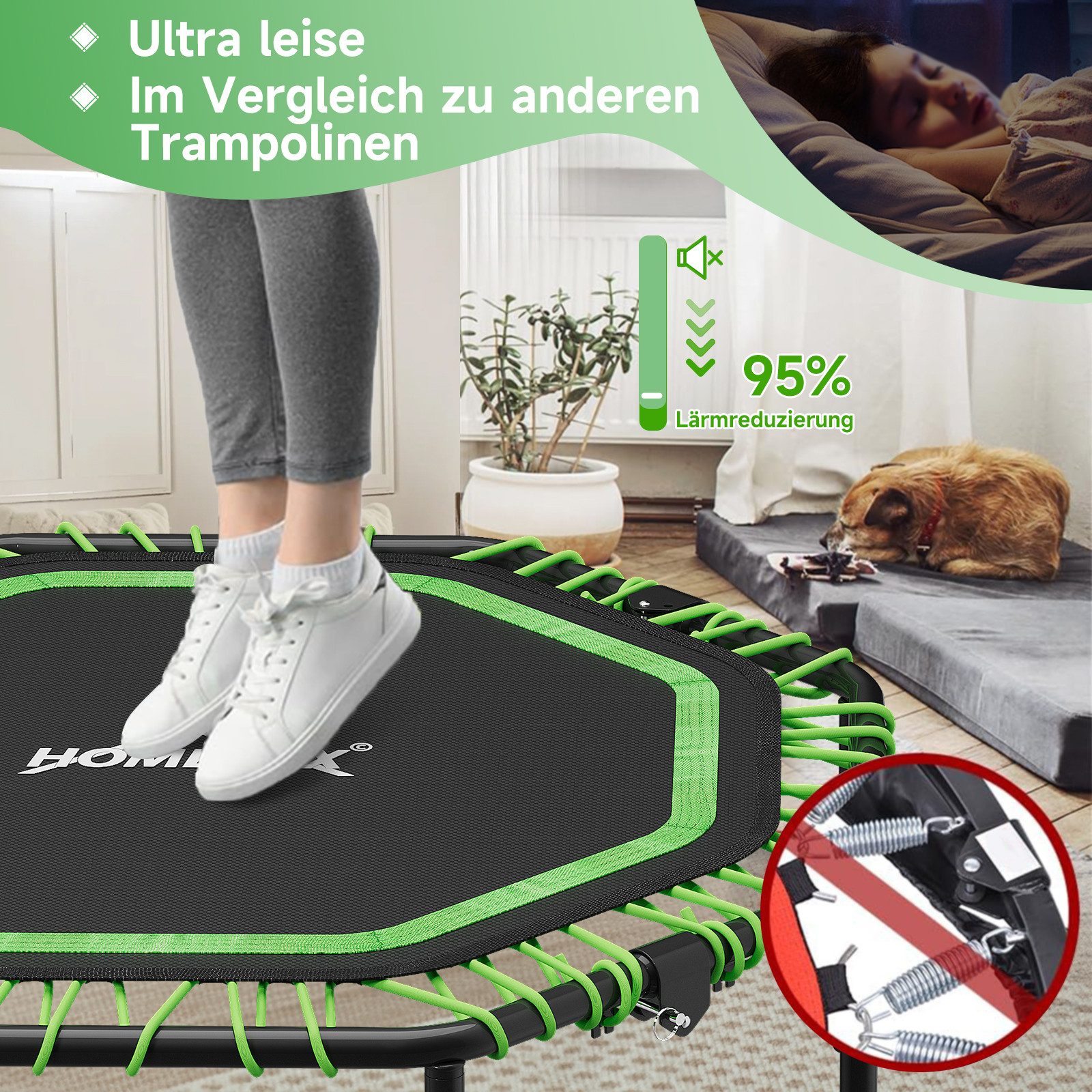 HOMELUX Fitnesstrampolin Maximale Tragfähigkeit 100 kg, Geräuscharmes Trampolin, Ø 114 cm, (Packung)