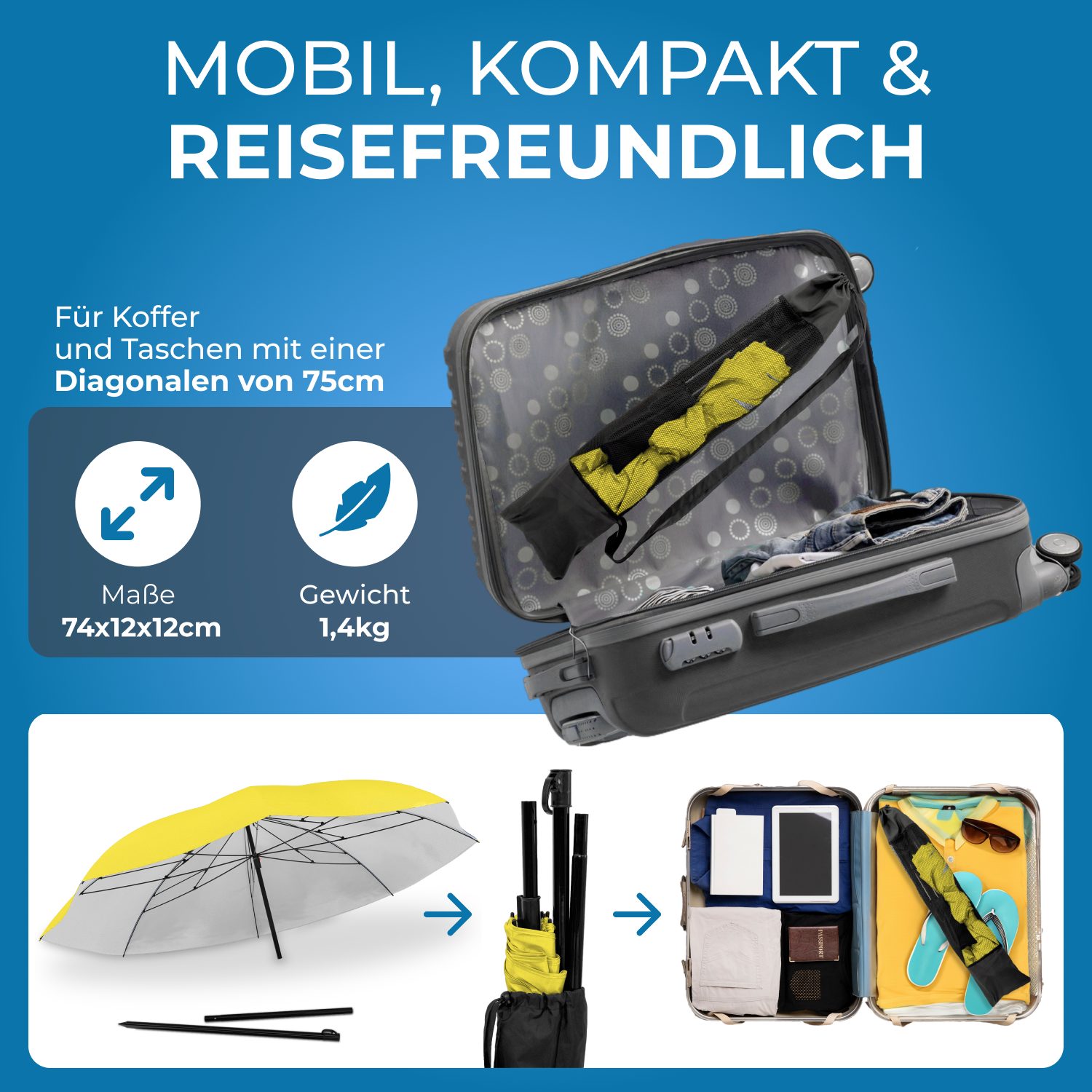 Styngard Sonnenschirm Reise Sonnenschirm Nizza, LxB: 180,00x155,00 cm, mit UV Schutz 50+ - Strandschirm Sonnenschirm Strand mit Abspannleinen