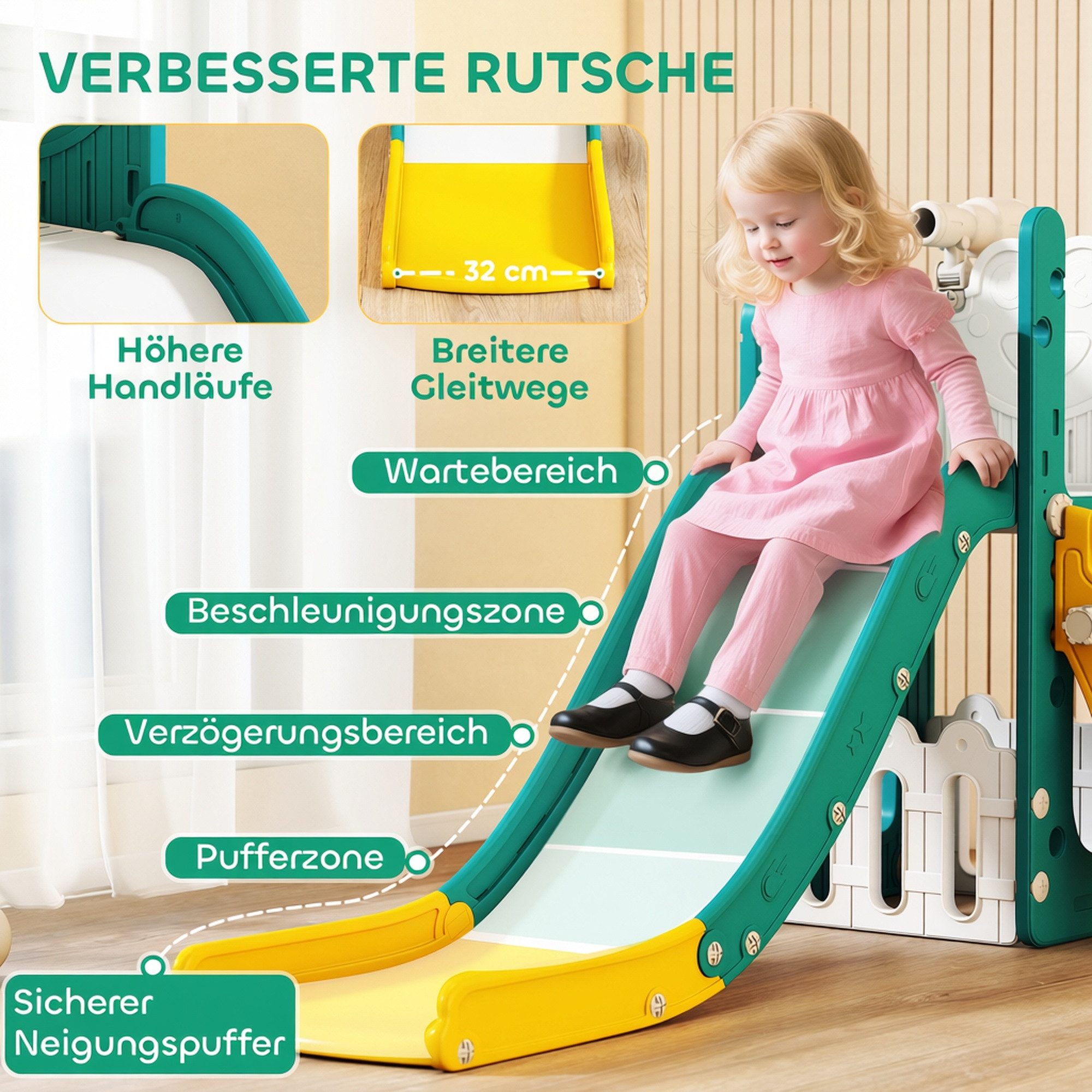 AIYAPLAY Rutsche Klettergerüst 5 in 1 Babyrutsche mit Basketballkorb, Tunnel, (Babyrutsche, 1-tlg., Spielplatz), für Kleinkinder 1-3 Jahre, Gelb – Bild 4 von 5
