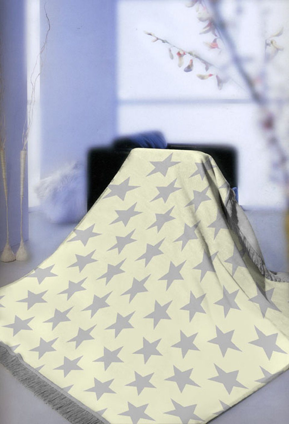 Wohndecke Muster Teppich-Traum Kuscheldecke Grau Sternen Fransen Spieldecke mit Decke Creme, Kinderdecke in Tagesdecke mit