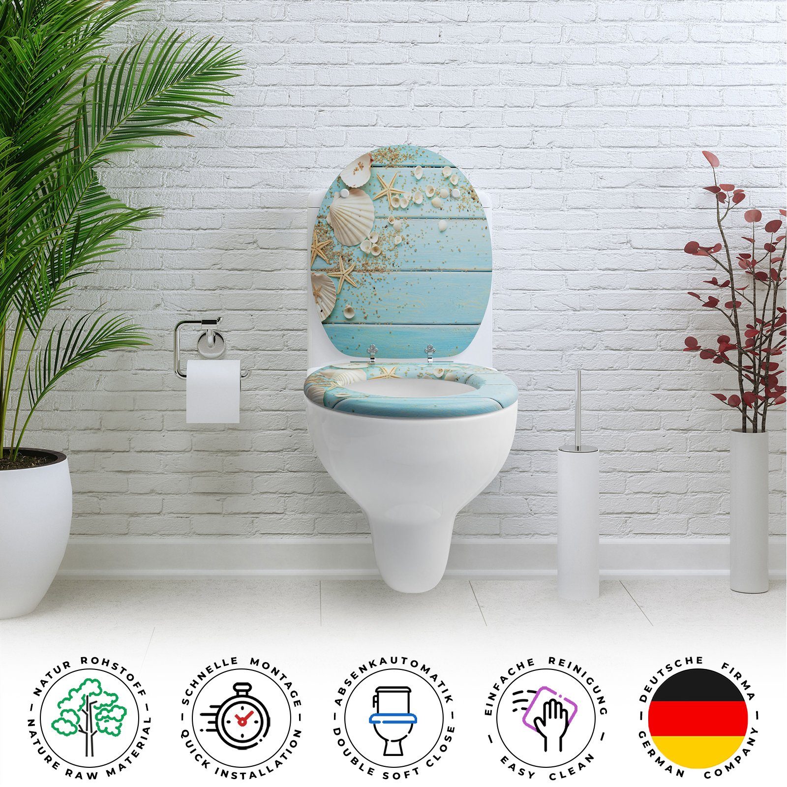 Sanfino WC-Sitz "Caribbean Blue" Premium Toilettendeckel mit Absenkautomatik aus Holz, mit schönem Maritim-Motiv, hohem Sitzkomfort, einfache Montage – Bild 4 von 5