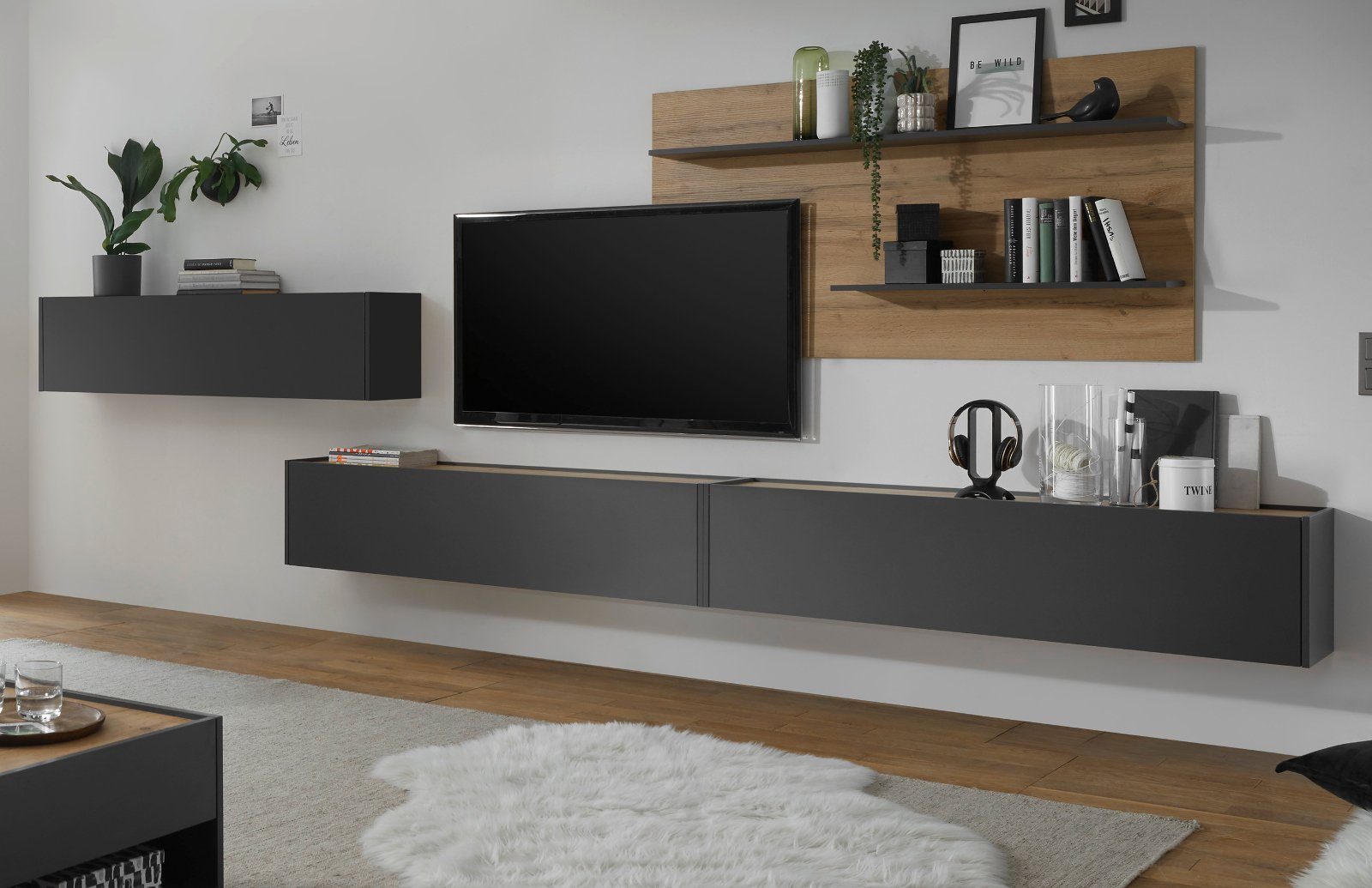 Furn.Design Wohnwand Center, (Wohnkombination in grau mit Wotan Eiche, 4-teilig, Breite 380 - 420 cm), mit großem TV Lowboard