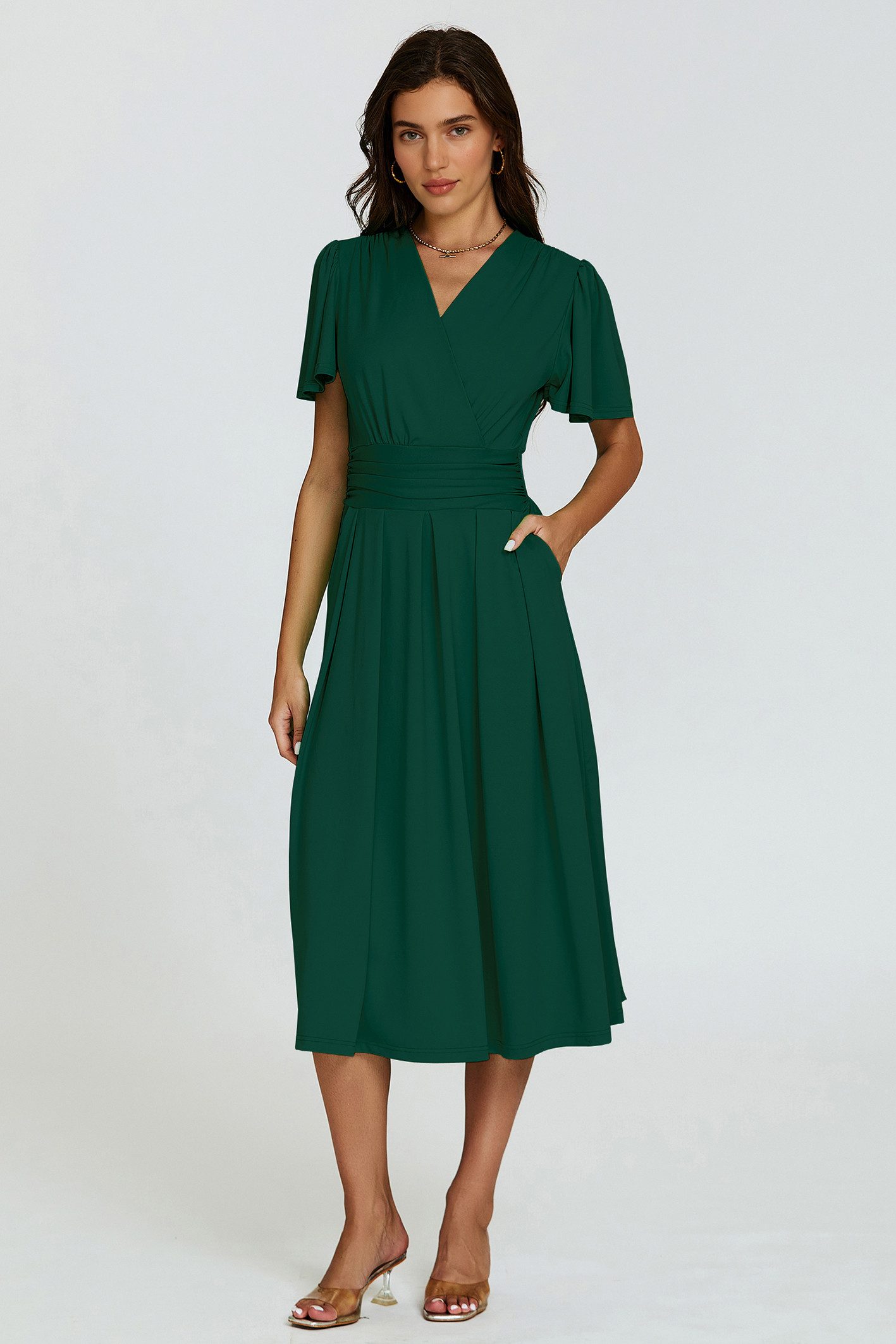 FS Collection Midikleid Damen Midikleid Sommerkleid Freizeitkleid Businesskleid Wickeloptik (Größen: XS (EU:36 / UK:8) · S (EU:38 / UK:10) · M (EU:40 / UK:12) · L (EU:42 / UK:14) · XL (EU:44 / UK:16), 3 Farben : Marineblau, Dunkelgrün und Hellgrün) Wickeloptik, elastische Taille, Seitentaschen, fließender Jersey-Stoff