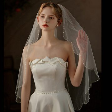 AUKUU Kopftuch Wellenrand Wellenrand Schleier einlagig handgefertigter, perlenbesetzter weißer Braut Hochzeitsfoto Kopfschmuck
