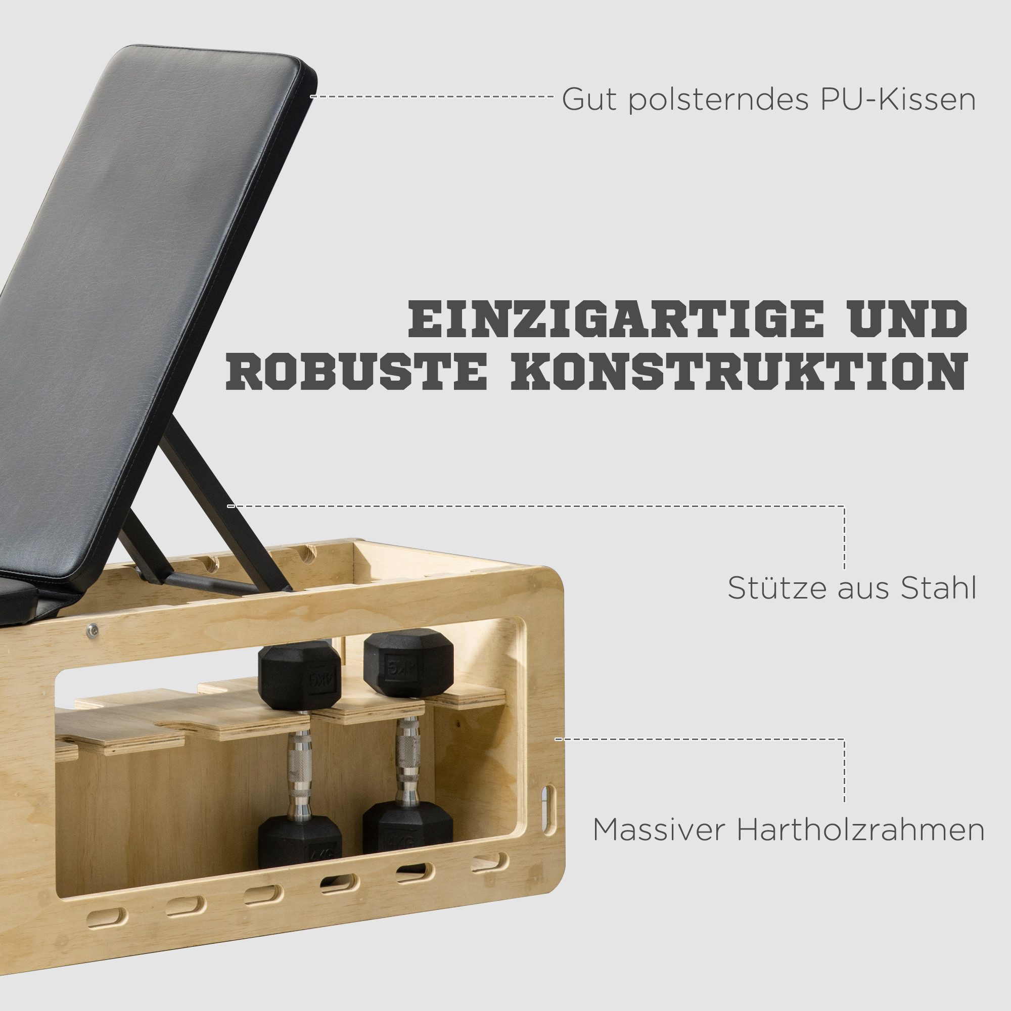 HOMCOM Hantelbank mit Aufbewahrungsbox und Widerstandsbändern, (Trainingsbank, 1-tlg., Verstellbare Fitnessbank), für Gewichtheben, Krafttraining, Massivholz