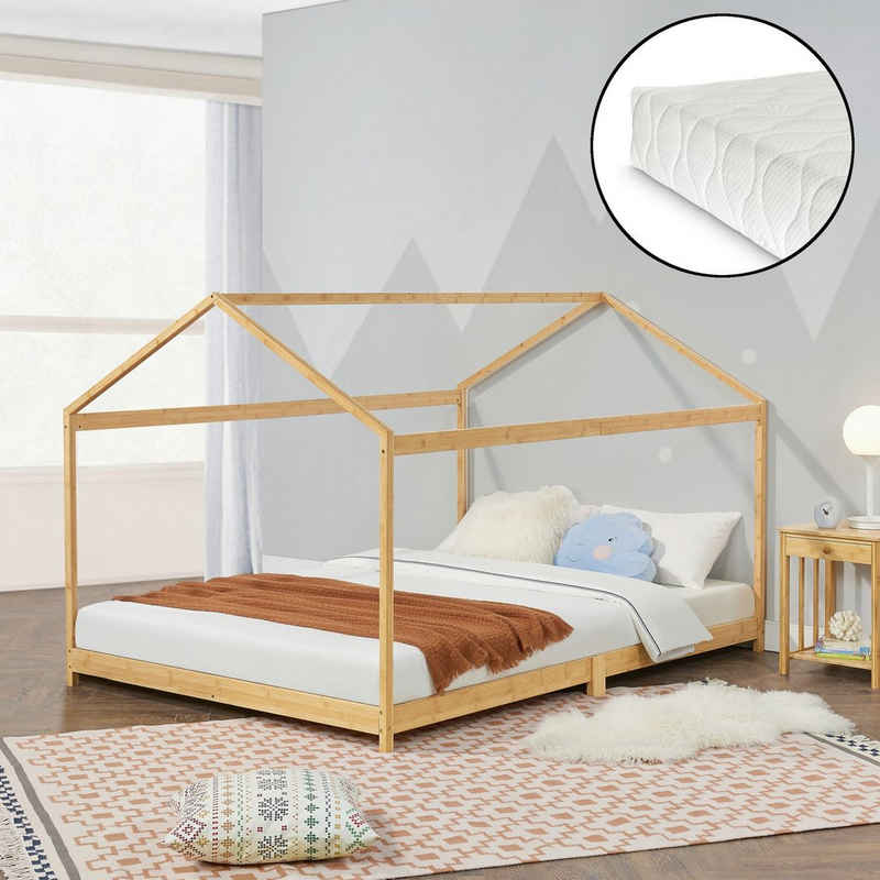 en.casa Kinderbett (2-tlg., Bett und Matratze), »Vindafjord« Haus-Optik Bambus 180x200cm mit Matratze