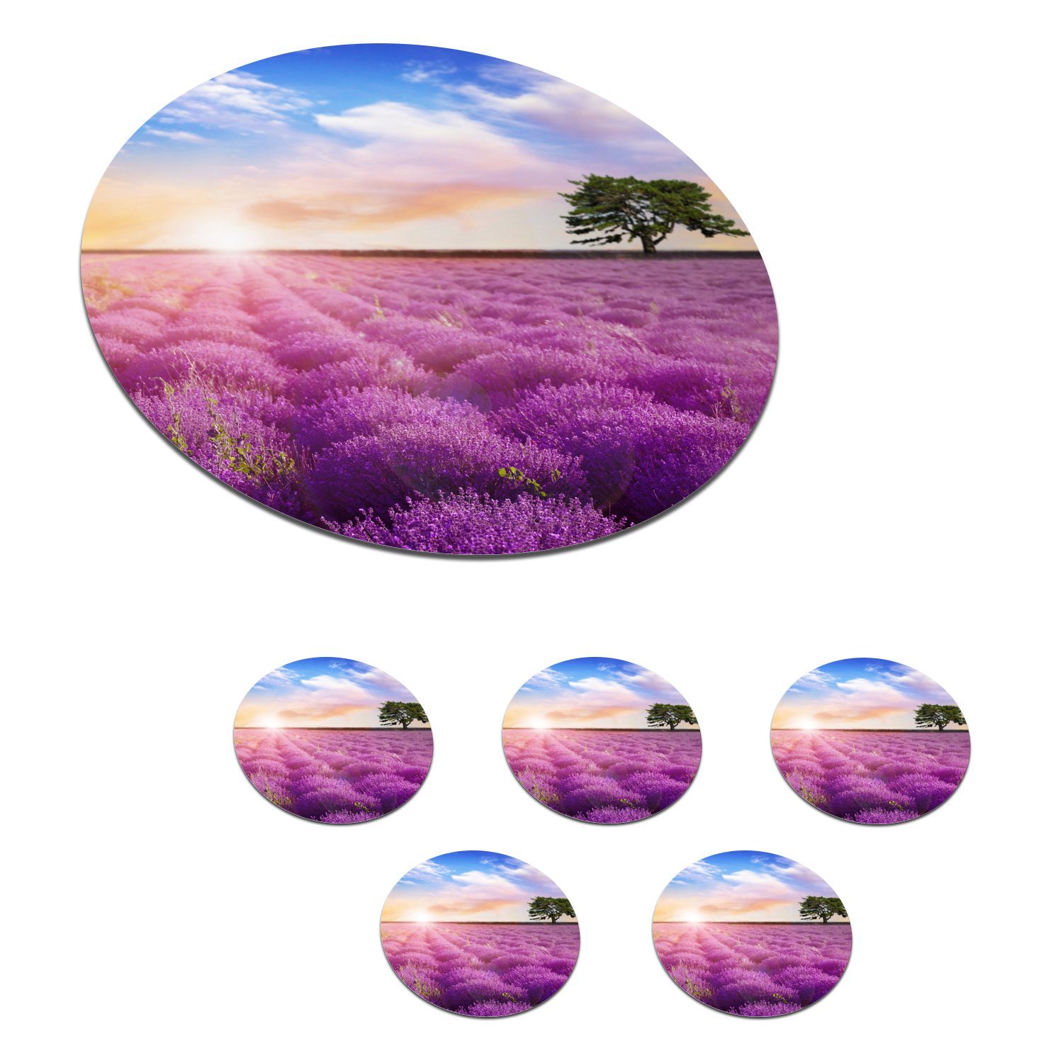 MuchoWow Glasuntersetzer Lavendel - Baum - Sonnenuntergang - Lila, Zubehör für Gläser, 6-tlg., Getränkeuntersetzer, Tassenuntersetzer, Korkuntersetzer, Tasse, Becher