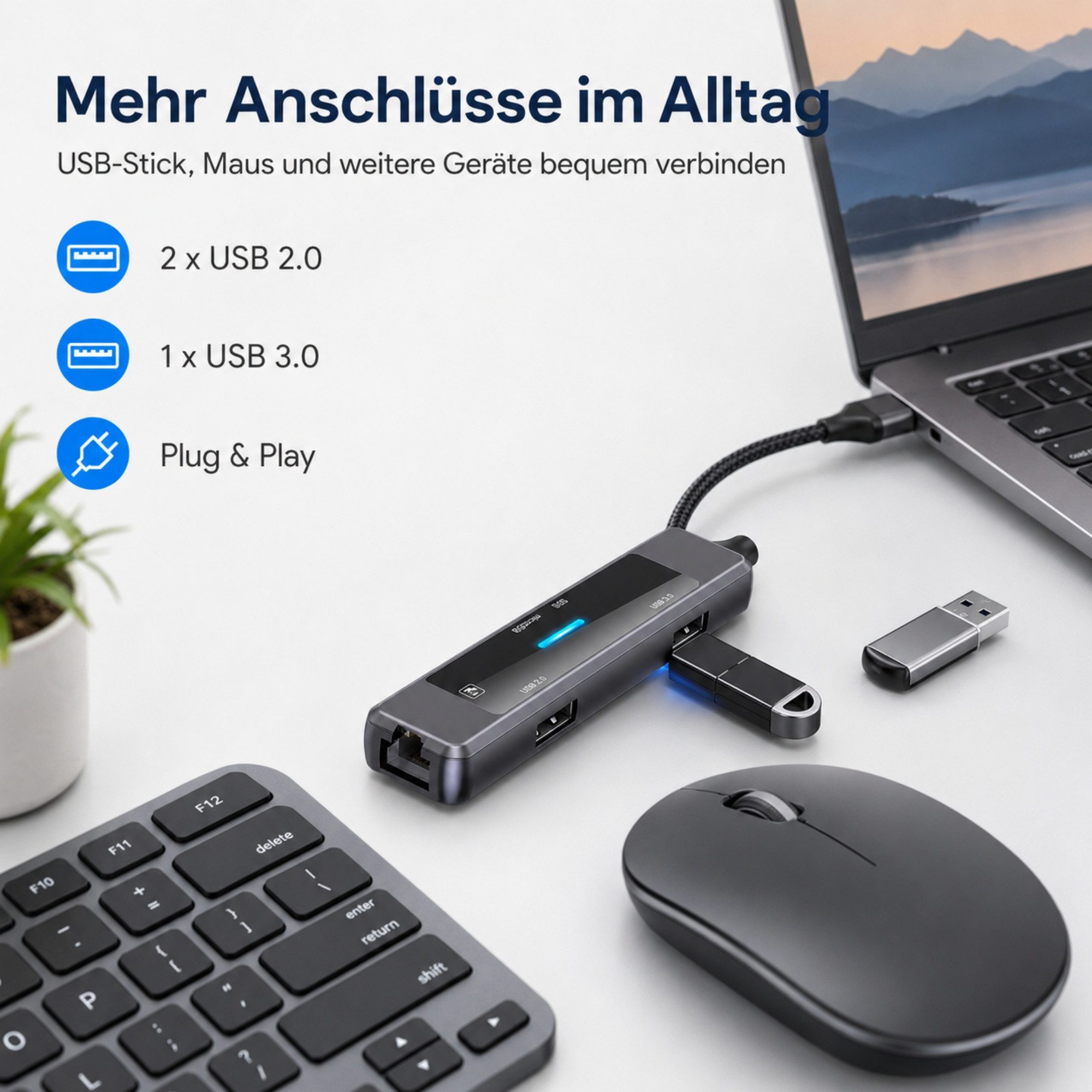 ibettertec 5-in-1 USB 3.0 Hub mit RJ45 Ethernet Adapter, USB-A & USB-C, SD/TF USB-Adapter Kartenleser, 100 Mbit/s, kompakter Multiport Adapter für Laptop zu Tab – Bild 2 von 5