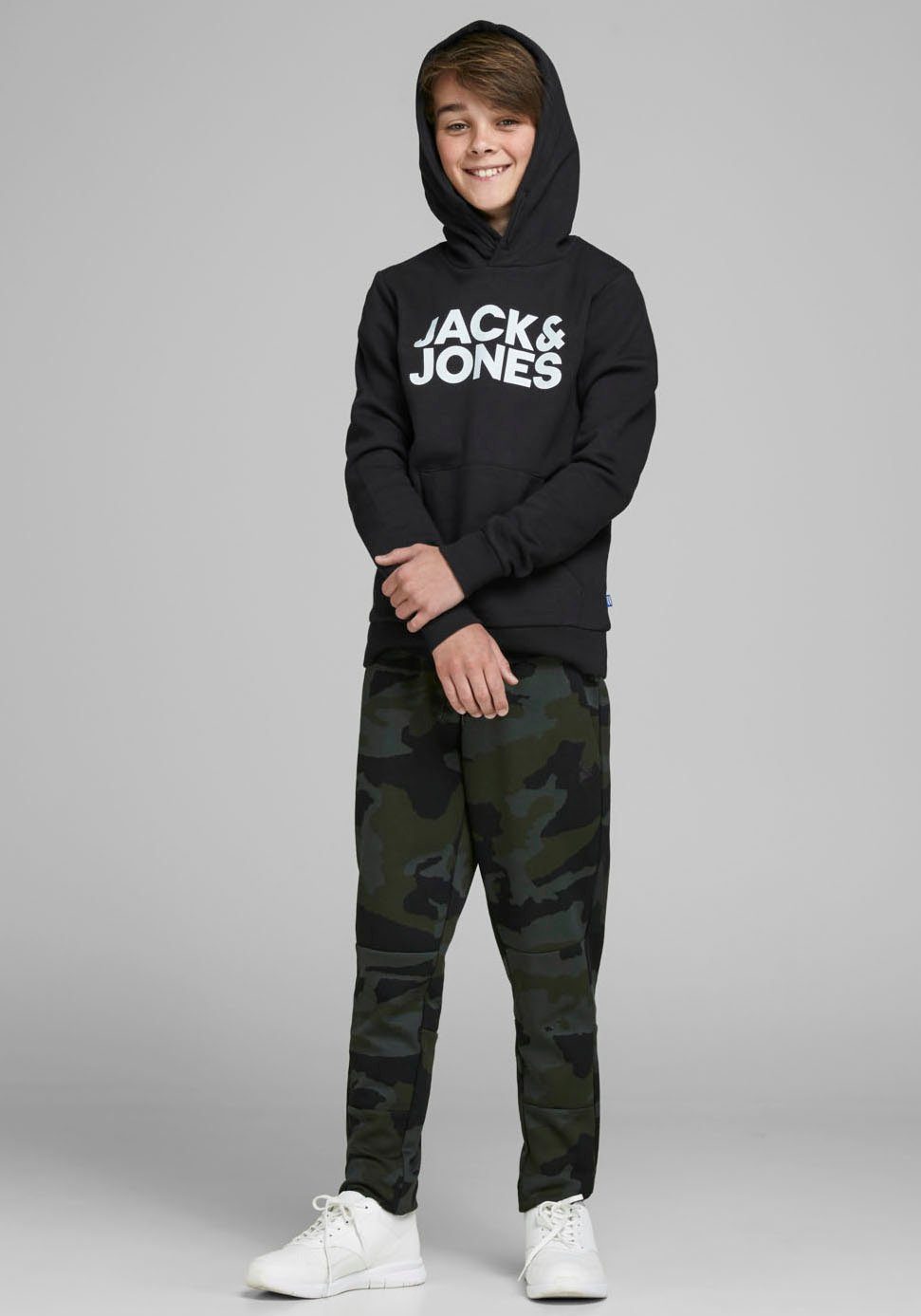 Jack & Jones Junior HOOD Kapuzensweatshirt JJECORP black/Large SWEAT LOGO Print