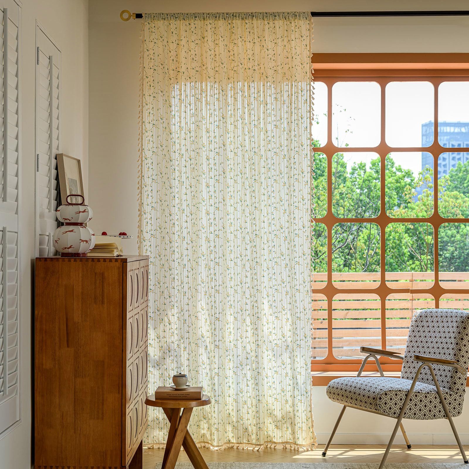 Zyronn Vorhang Gardinen Halbtransparente Gardinen, Stangendurchzug und Quasten (1 St), Bodenlange Fenstervorhänge für Schlafzimmer Wohnzimmer