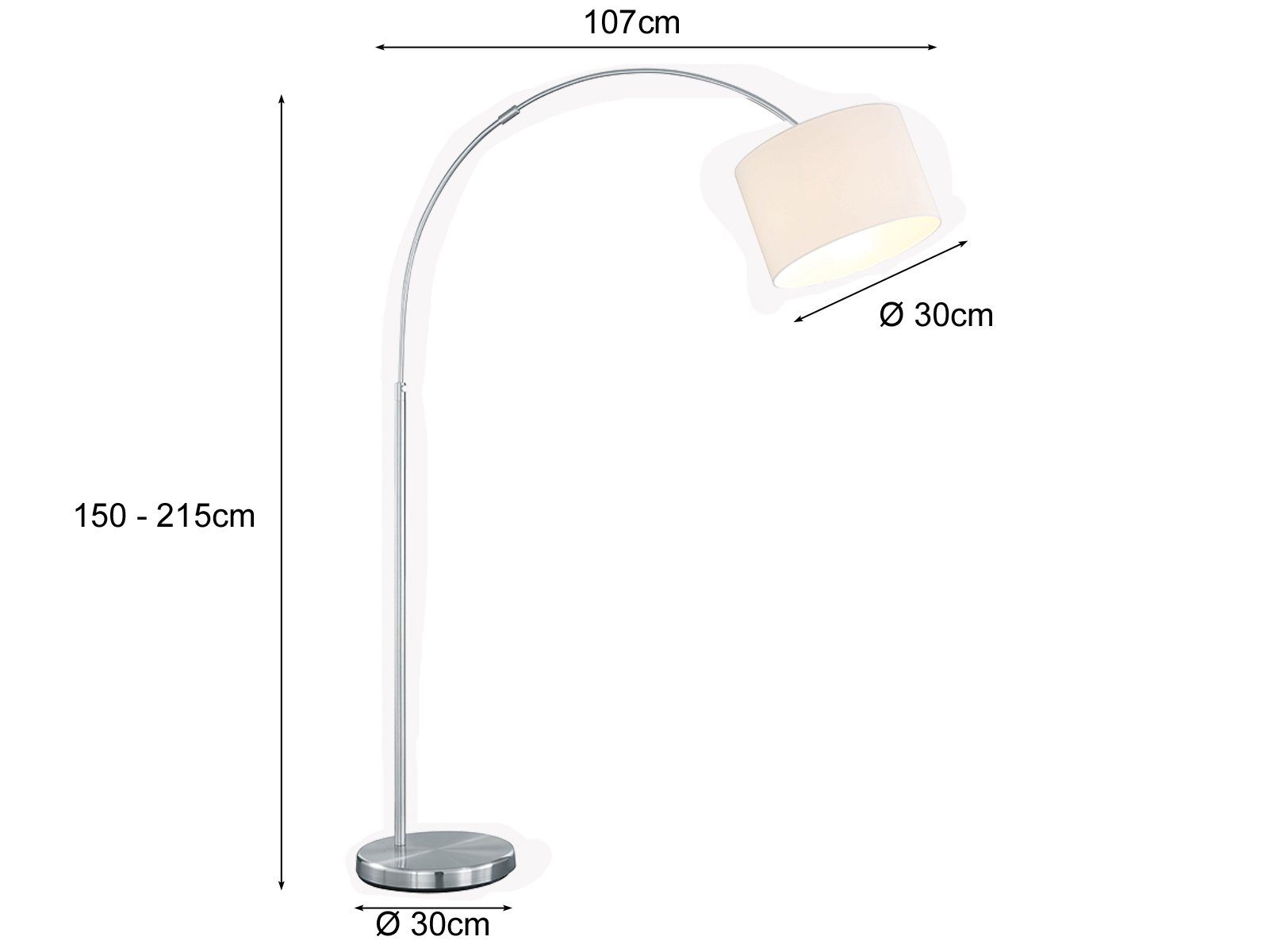 Stehlampe 215cm Bogen Bogenlampe, mit Dimmfunktion, Höhe wechselbar, Warmweiß, LED Stoffschirm meineWunschleuchte max. Weiß, LED höhenverstellbar