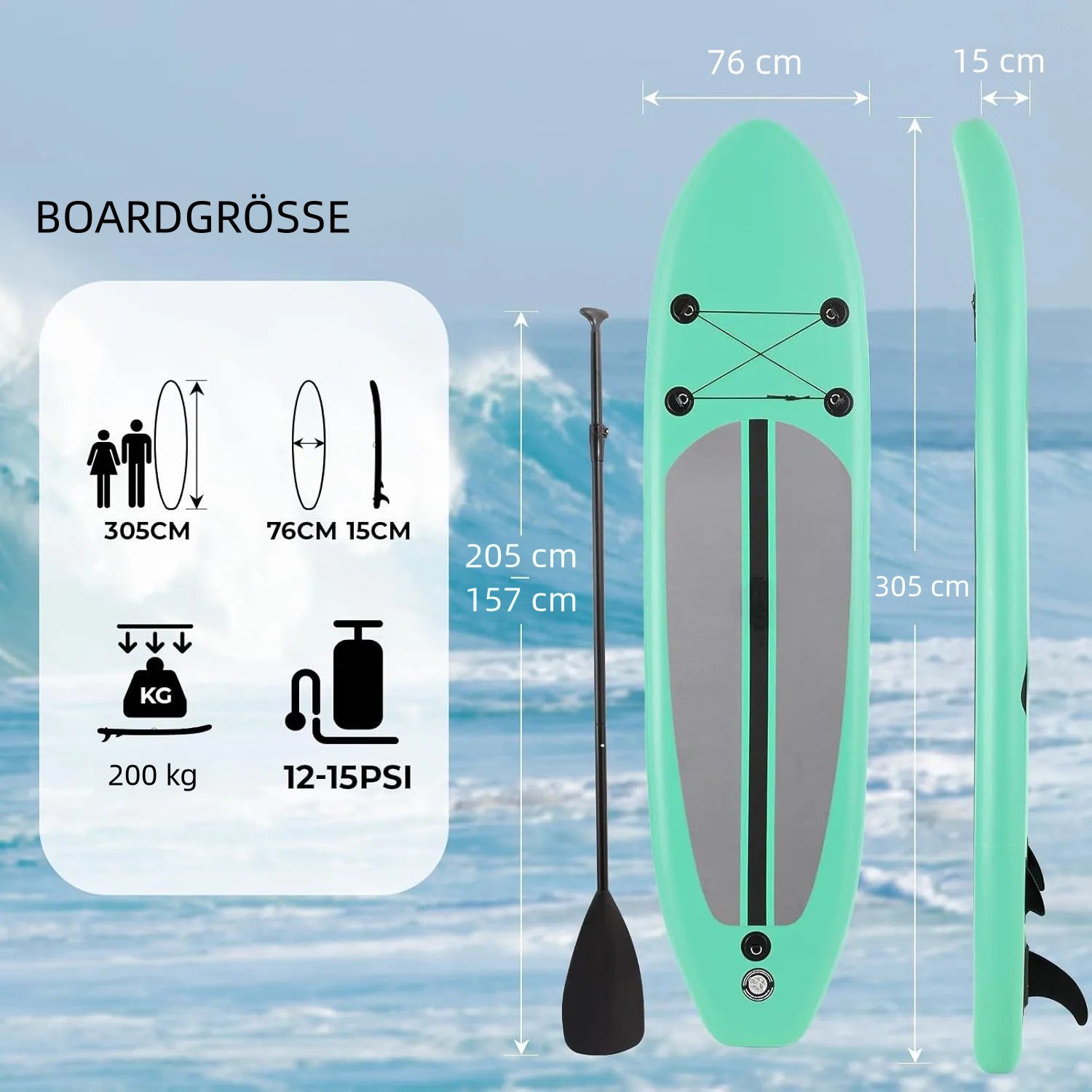 TLGREEN SUP-Board 305 x 76x 15 cm Inflatable Stand Up Paddle Board, (Surfbrett 10FT, Komplettes Zubehör, Verstellbares Paddel, Pumpe, Reiserucksack, Leine, Erwachsene Paddelboard), für Wassersport und Paddling,Tragfähigkeit 200KG