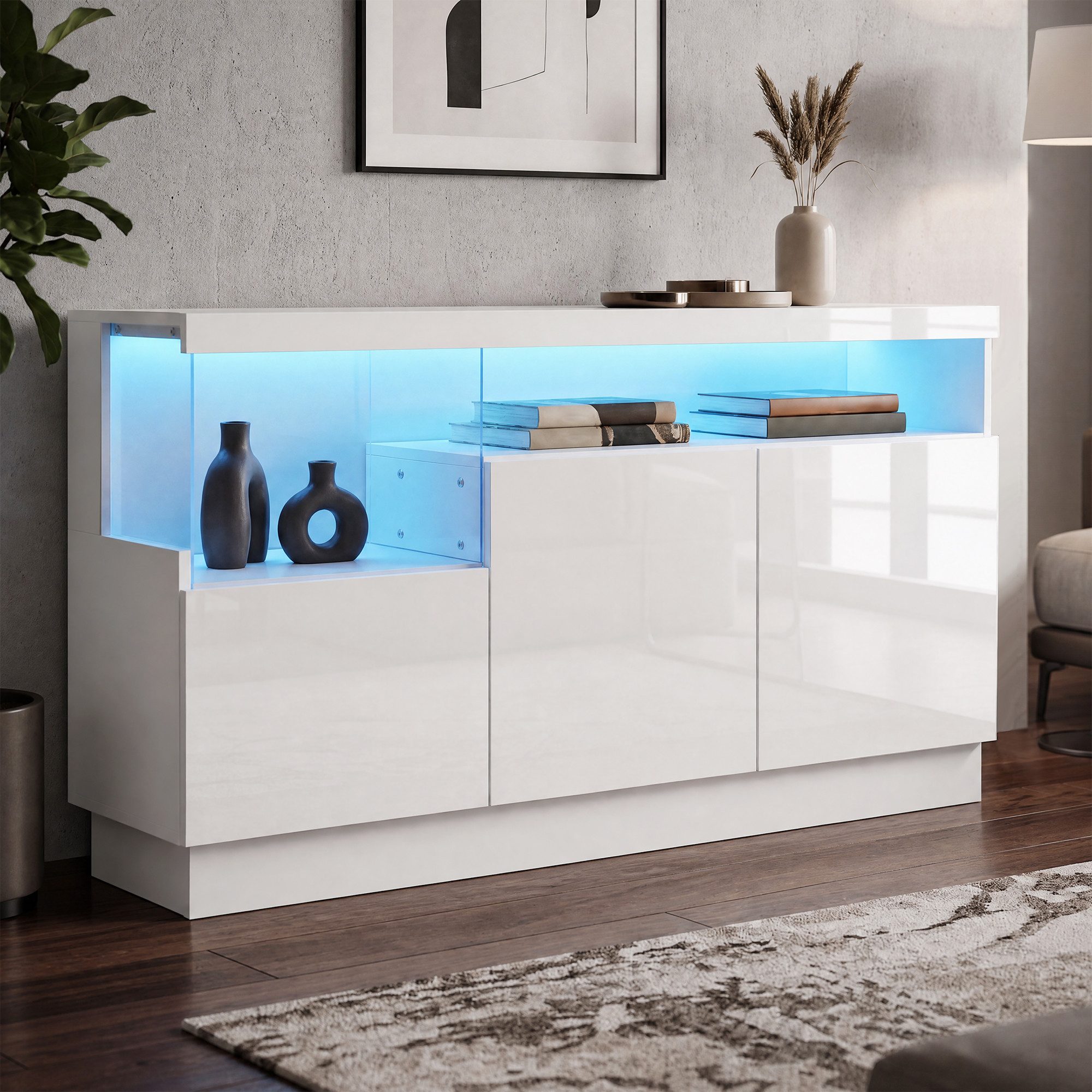 Merax Sideboard hochglanz Wohnzimmerschrank mit LED inkl. APP Steuerung (1 St., Aufbewahrungsschrank Anrichte Buffetschrank), Kommode mit 3 Türen, Acryl Display – Bild 4 von 5