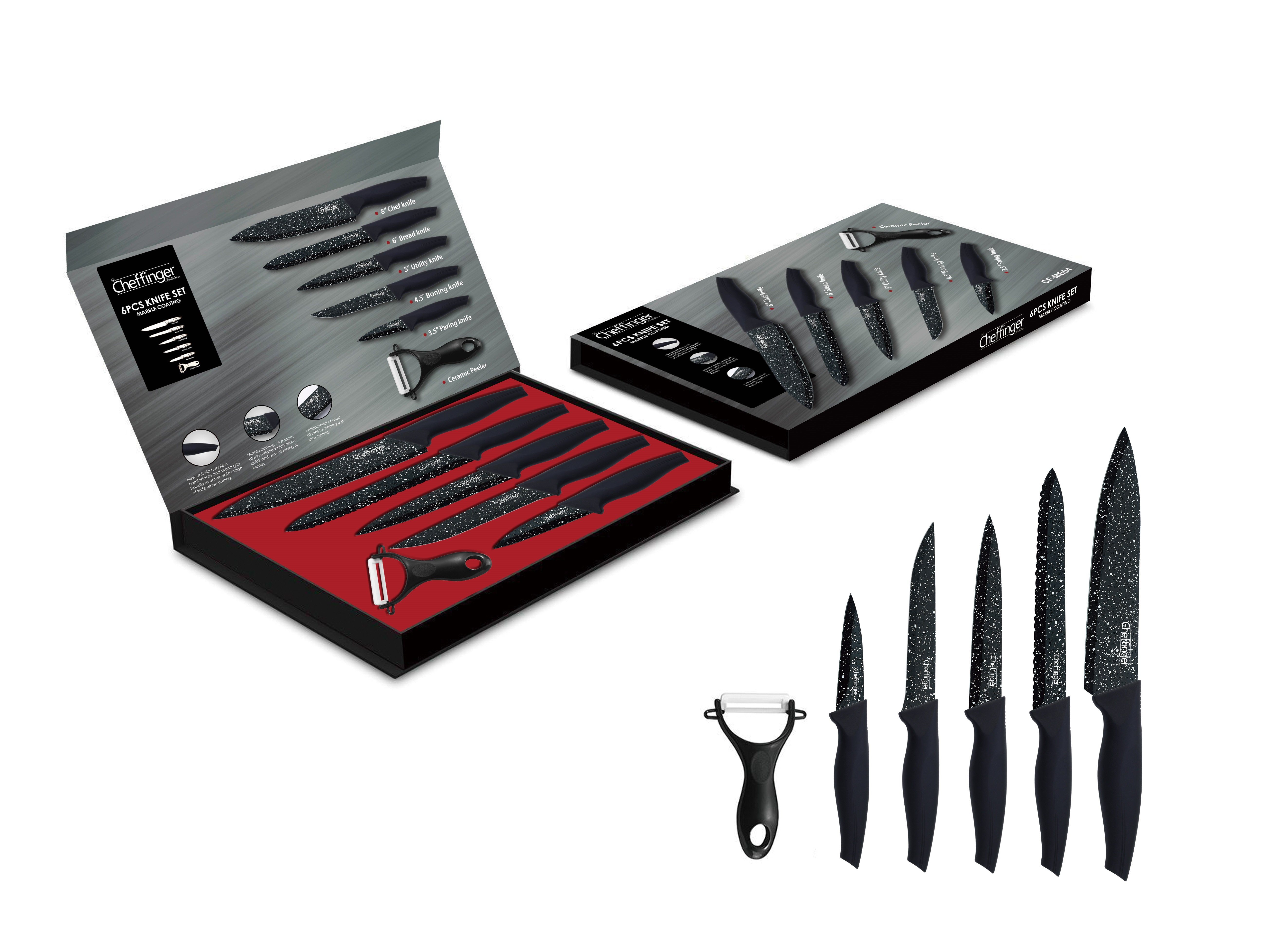 Cheffinger Messer-Set 6 teiliges Messerset 5 Messer 1 Sparschäler Kochmesser Schwarz (6-tlg)