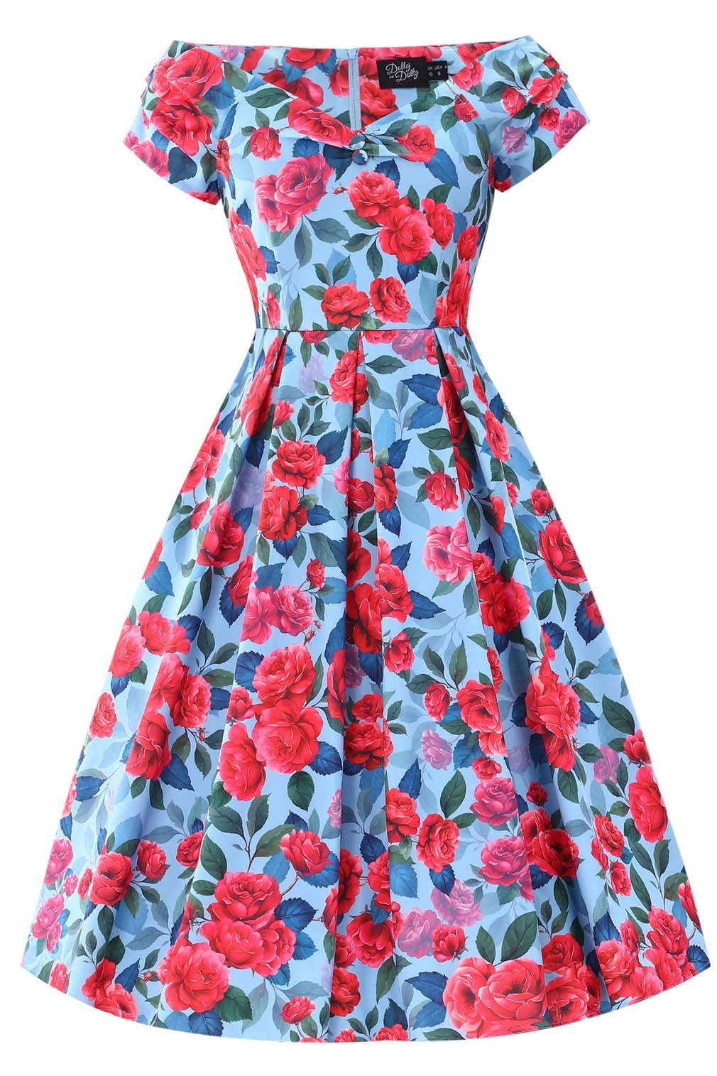 Dolly and Dotty A-Linien-Kleid Lily Blue & Hot Pink Peony Off-Shoulder Vintage Retro