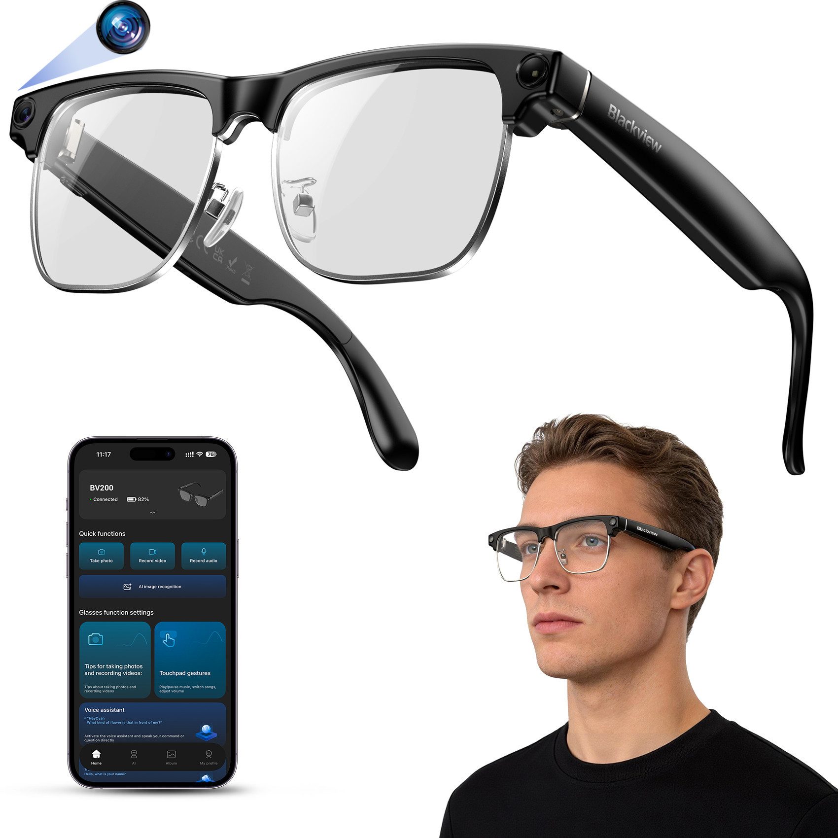 blackview Sonnenbrille 2026 Neue BV200 AI Shooting Glasses,Premium KI-Kamera-Brille (Set, ChatGPT, Bluetooth 6.0 und Open-Ear HiFi Sound) Mit Sony IMX219 Sensor,Fotografieren, filmen, kommunizieren,übersetzen
