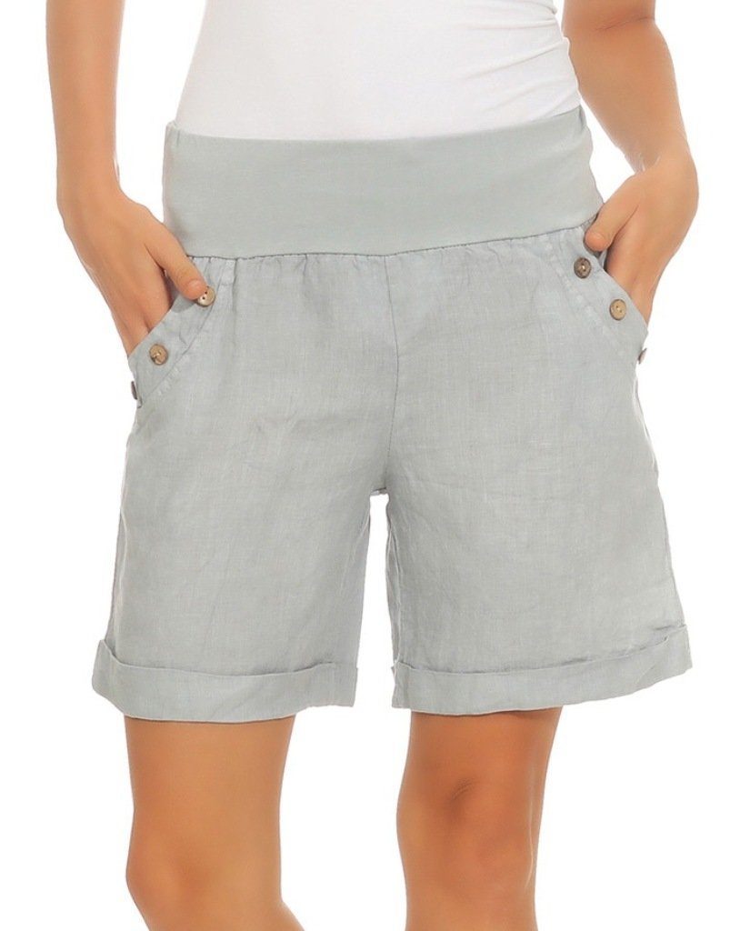 Mississhop Leinenhose Damen Shorts Leinenshorts Bermuda 100 % Leinen kurze Hose 280 mit elastischem Bund, in Unifarbe Grau