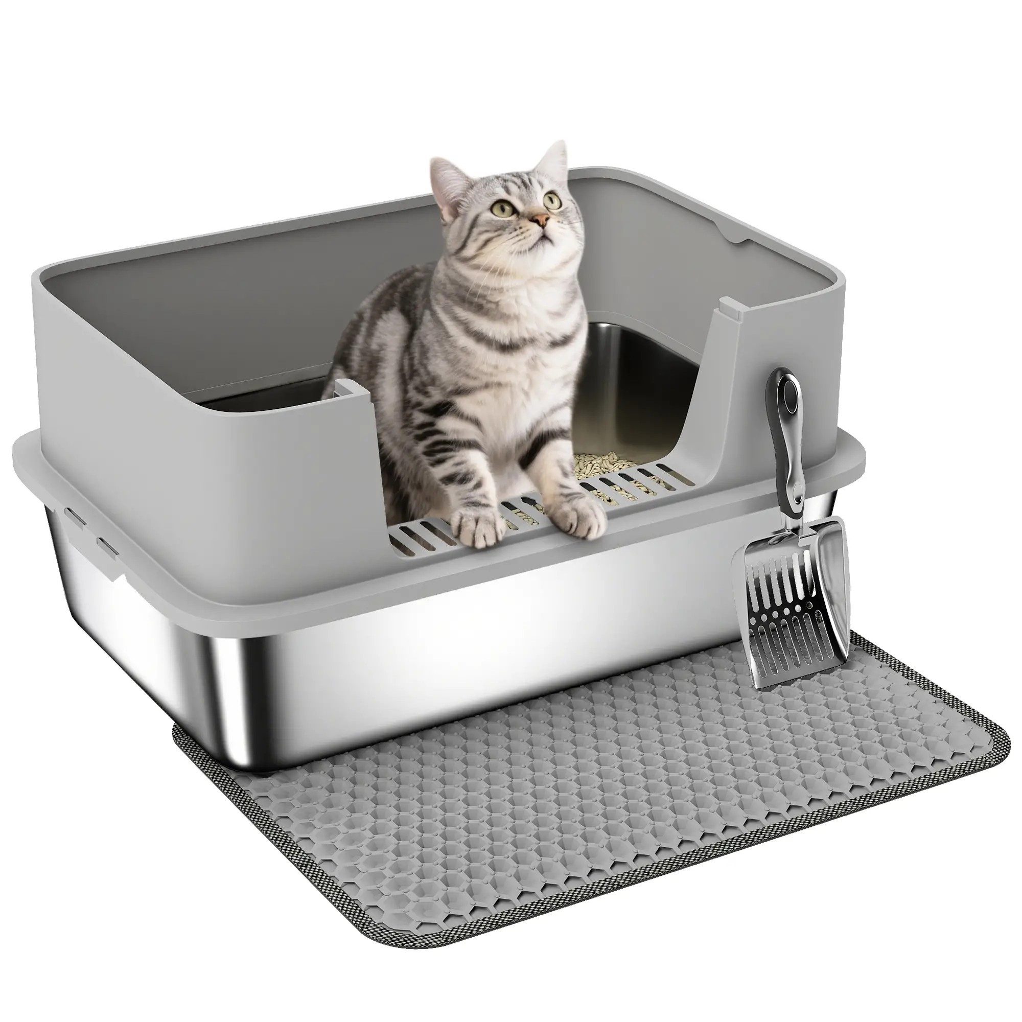 BlingBin Katzentoilette Edelstahl Offene Katzenklo mit Schaufel hohem Rand Matte, Katzenklo ohne Deckel für Katzen bis 7 kg, 60,2 x 40,2 x 29,5 cm, Grau