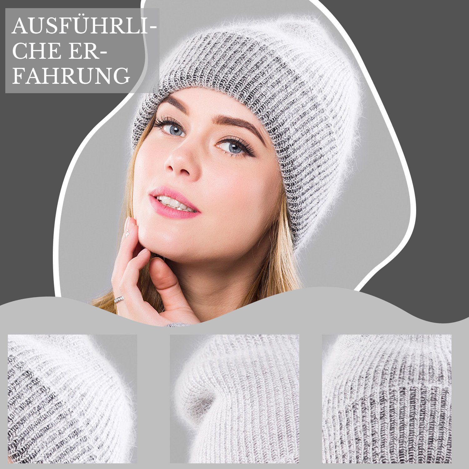 Damen-Wintermütze Silber Warme mit aus (1-St) MAGICSHE Rippenstrick Strickmütze Grau-2 Bündchen