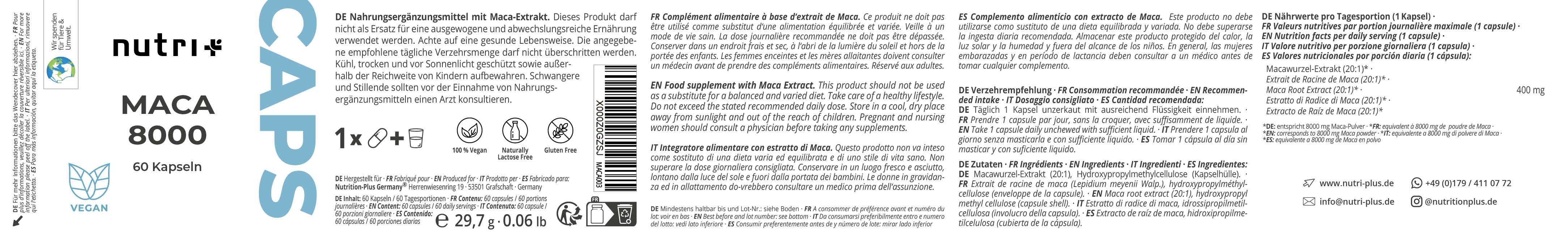 nutri+ Maca Kapseln schwarz rot gelb - Pulver aus Wurzelextrakt Kapseln