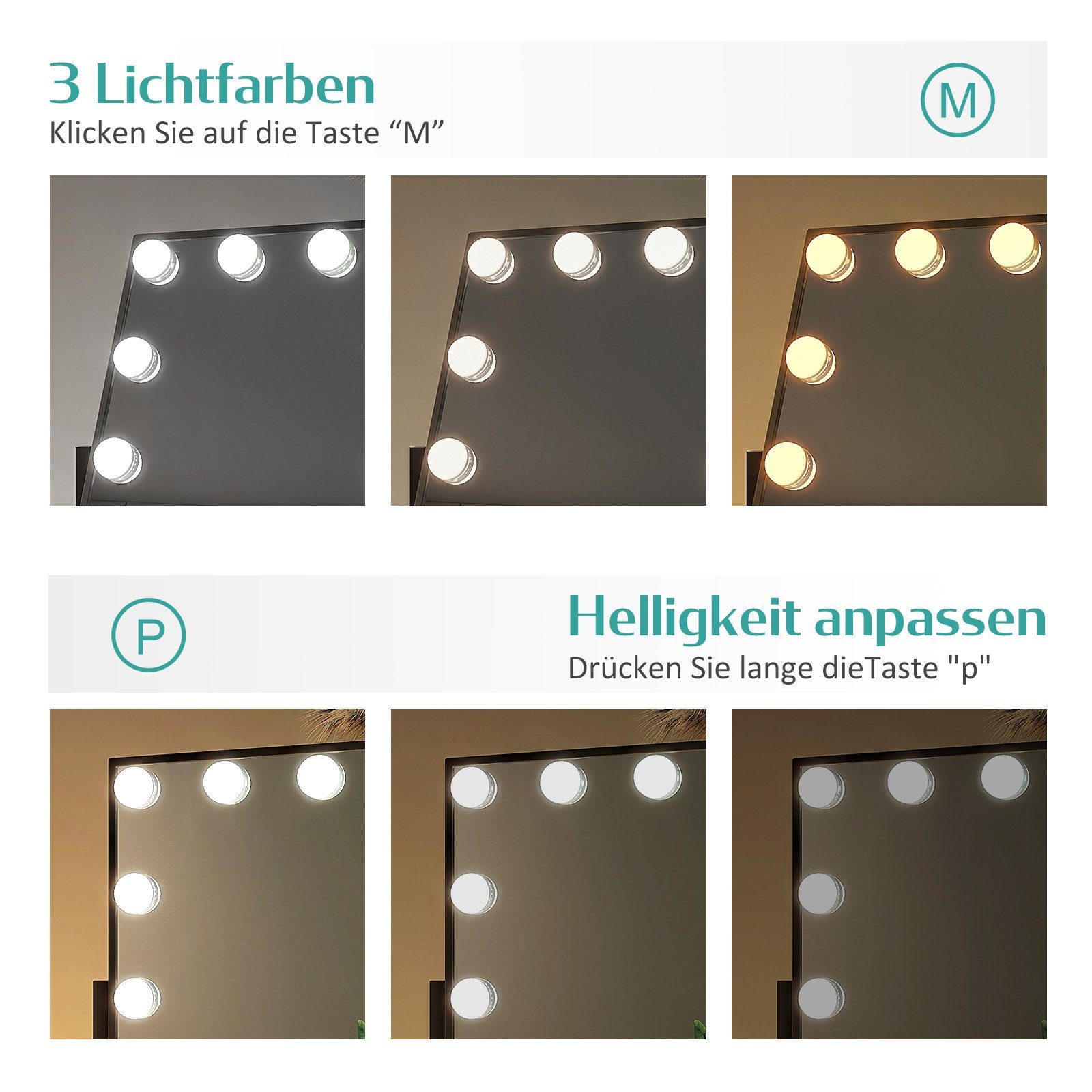 Hollywood 3 EMKE Lichtfarben Kosmetikspiegel Vergrößerung 7x Spiegel LED-Leuchtmitteln 360° Schwarz Drehbar mit Beleuchtung, Schminkspiegel Dimmbaren