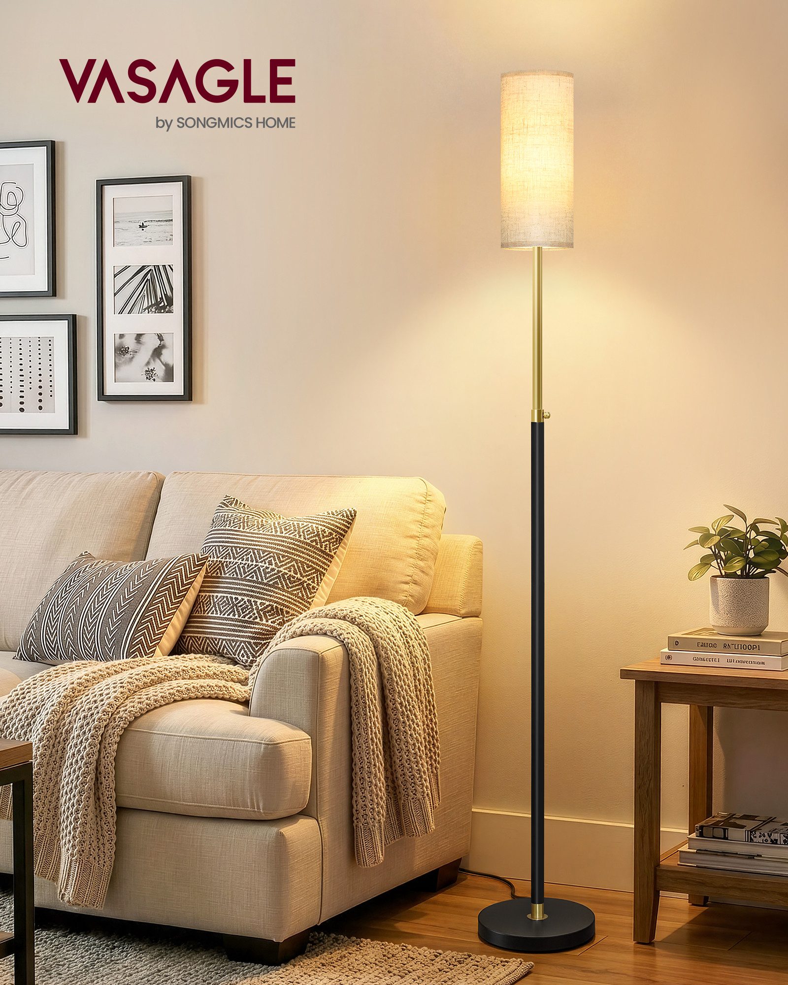 VASAGLE Stehlampe Stehleuchte, Standleuchte, höhenverstellbare Leselampe, modern, 148 cm hoch, mit Fußtaster, Lampenschirm aus Stoff, E27 Fassung