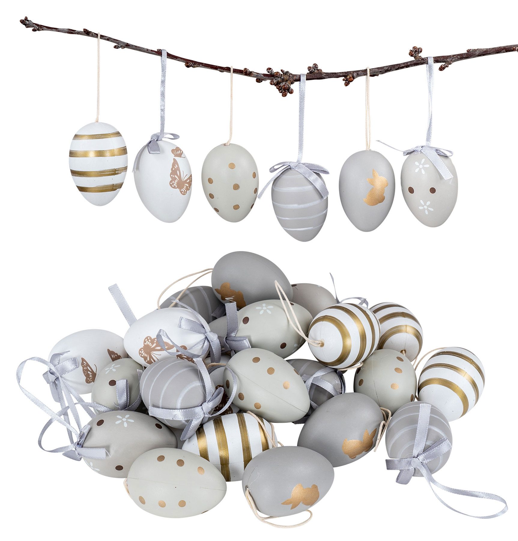 Levandeo® Osterei, 24er Set Deko Eier Hängedeko Ostern Grau Gold Muster Ostereier zum
