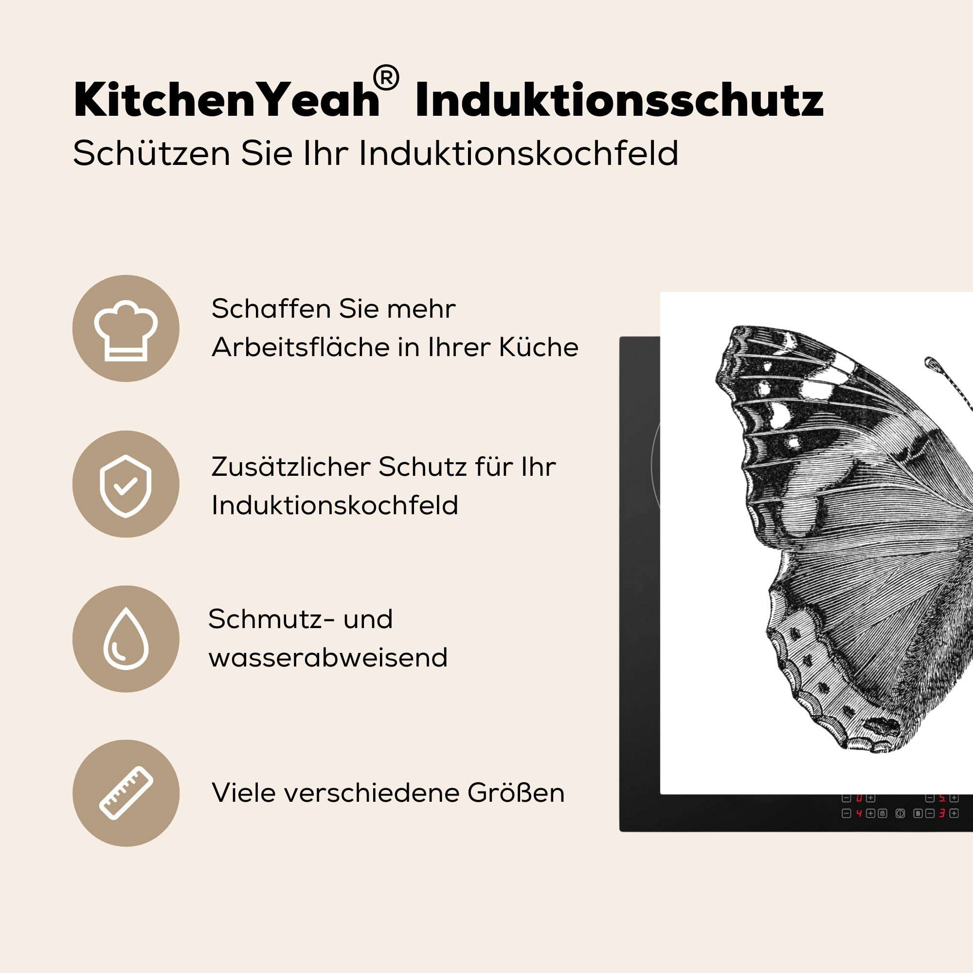 Arbeitsfläche Schmetterling, Vinyl, nutzbar, (1 tlg), cm, Mobile MuchoWow Botanische Illustration Ceranfeldabdeckung Herdblende-/Abdeckplatte 70x52