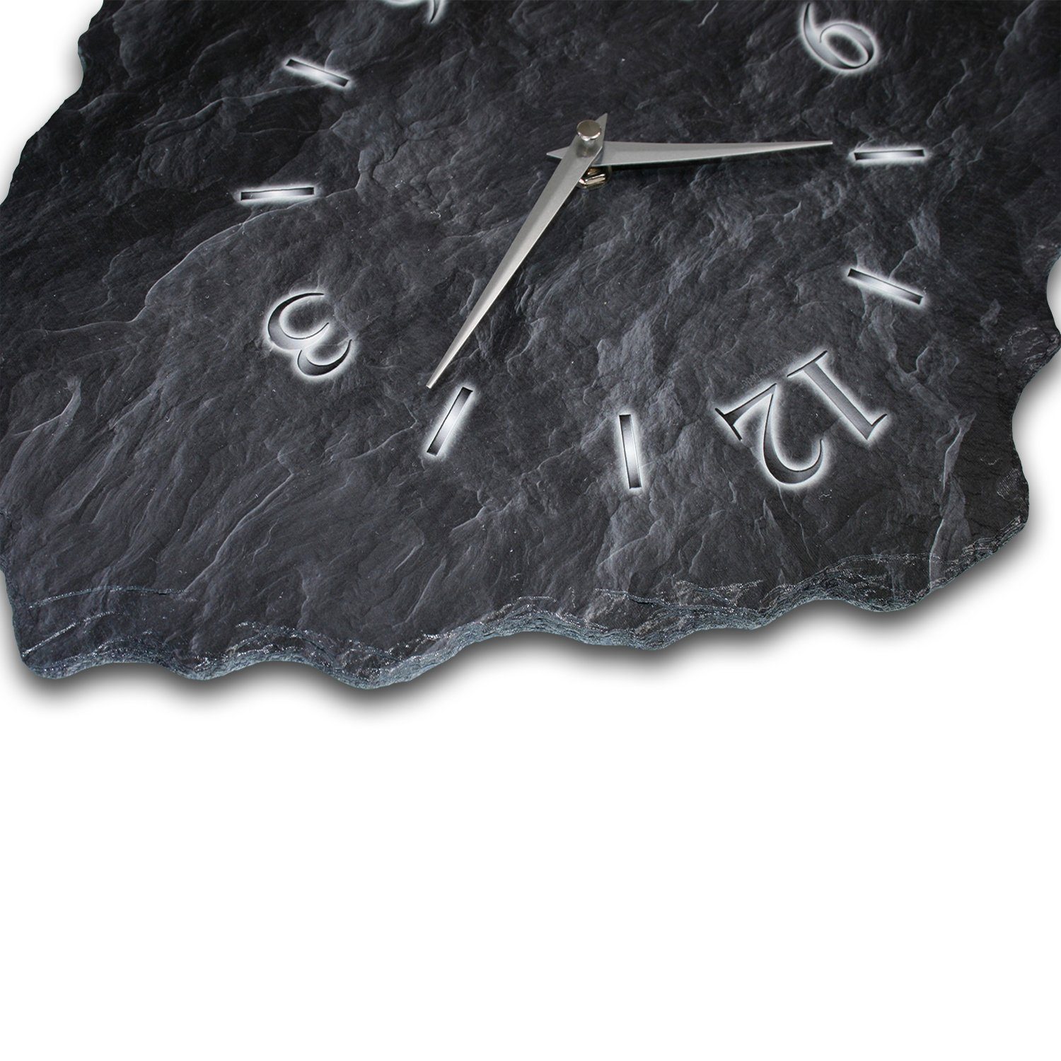 Kreative Feder Wanduhr Design-Wanduhr aus Stein (Beton) „Schwarzer Schiefer“ (Funk- oder Quarzuhrwerk; ohne Ticken; elegant, außergewöhnlich, modern)