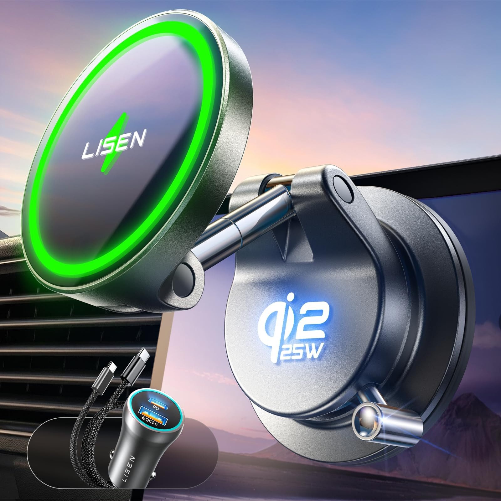 GreenHec Qi2 25W MagSafe Wireless Charger Autohalterung Saugnapf KFZ Ladegerät Wireless Charger (Qi2.2 25W, MagSafe, Vakuum-Saugnapf, …
