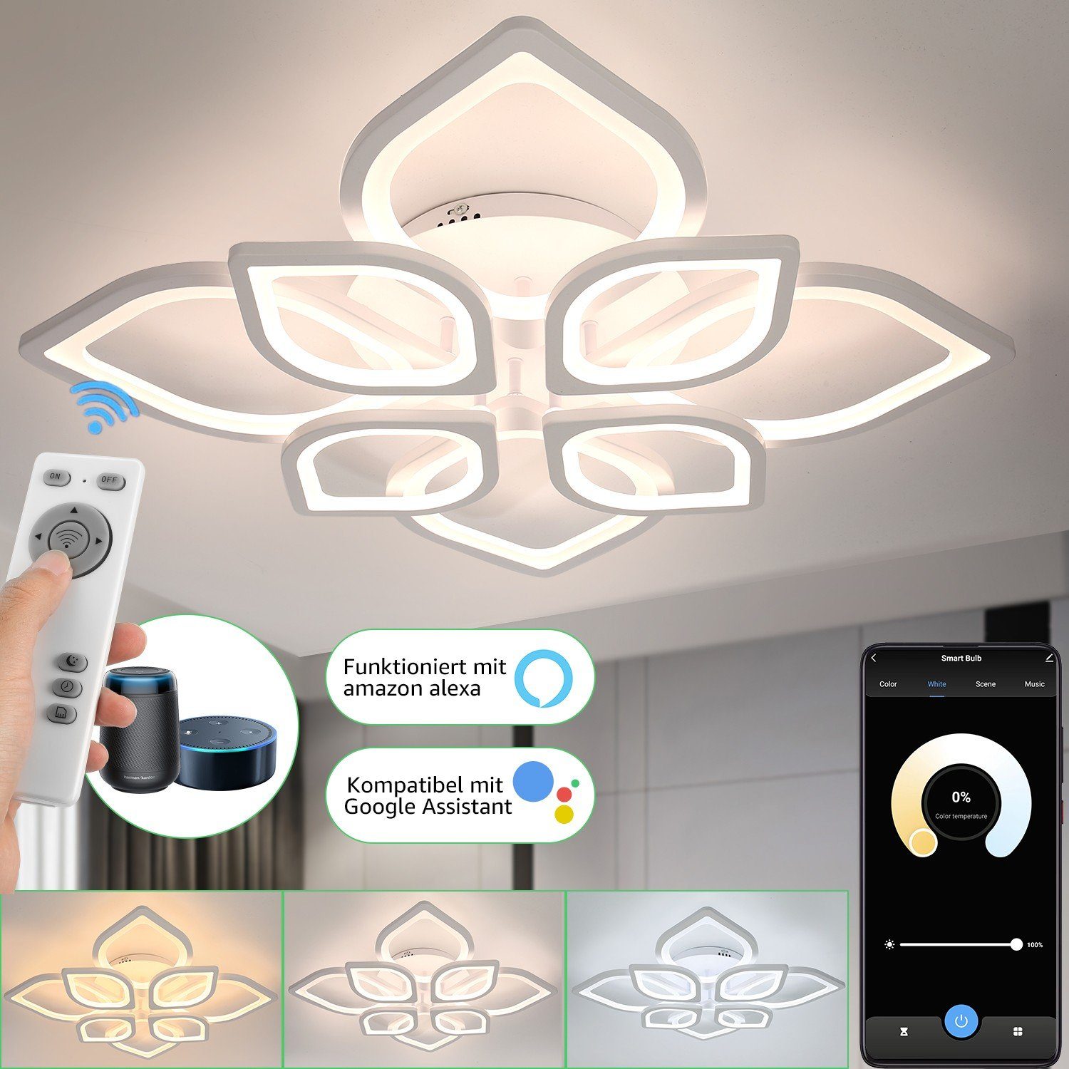 LETGOSPT LED Deckenleuchte 80W Modern Fernbedienung Dimmbar  Wohnzimmerlampe, LED fest integriert, kaltweiß / neutralweiß / warmweiß,  mit APP und WIFI-steuerung, für Alexa und Google-Assistant